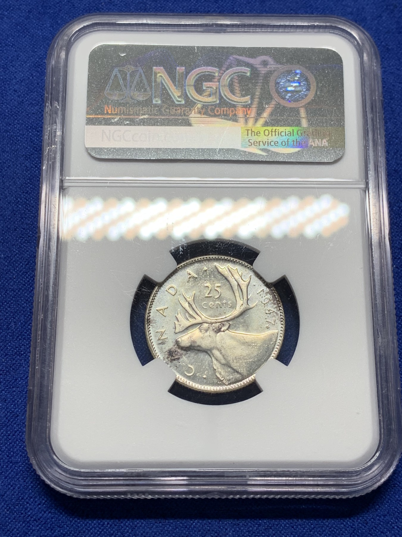 《竞宝斋》第208场-周日，周一 2场 (全场包邮) NGC MS64 加拿大1947年乔六流通25分银币