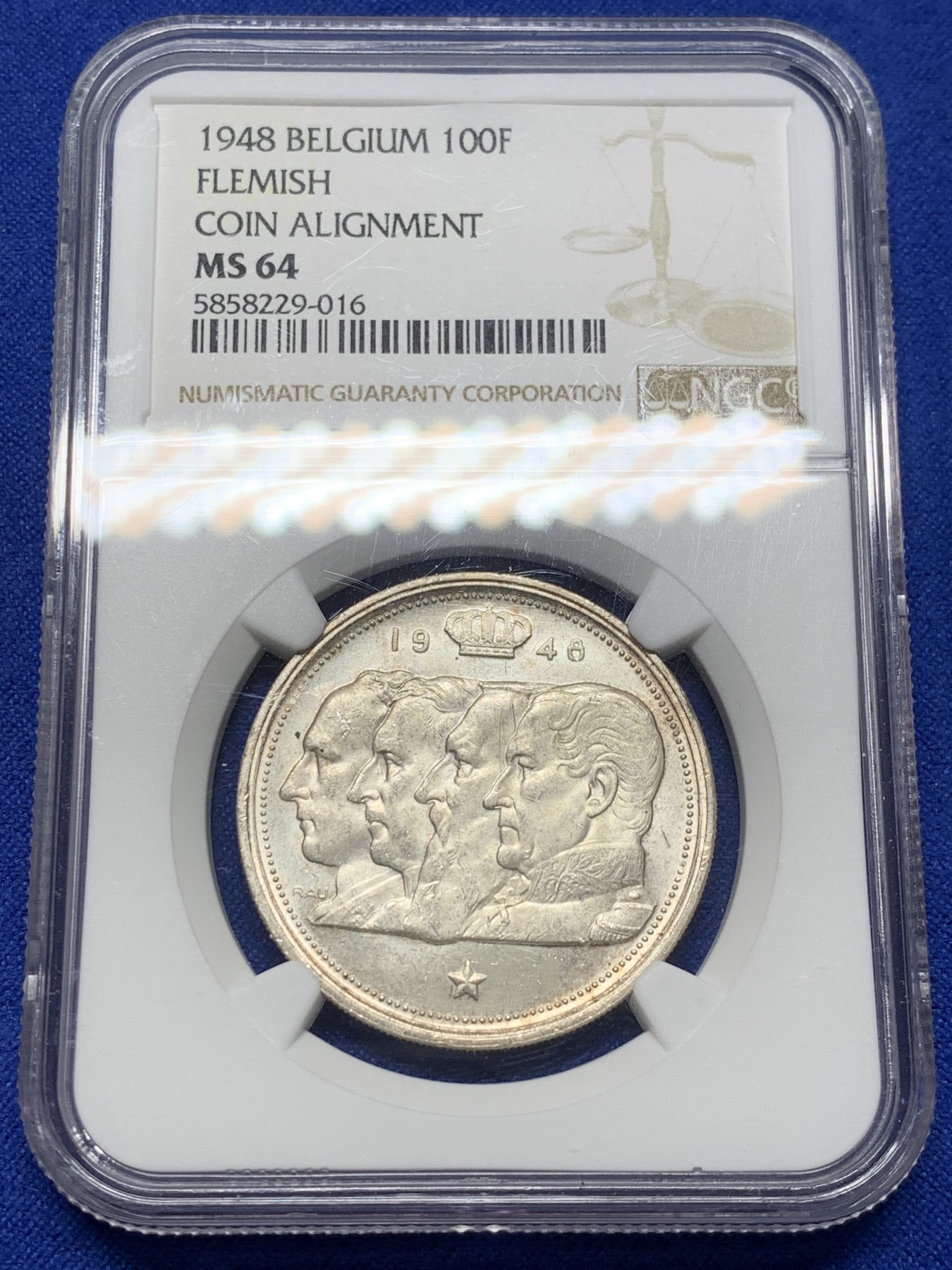 《竞宝斋》第208场-周日，周一 2场 (全场包邮) NGC MS64 比利时1948年100法郎银币
