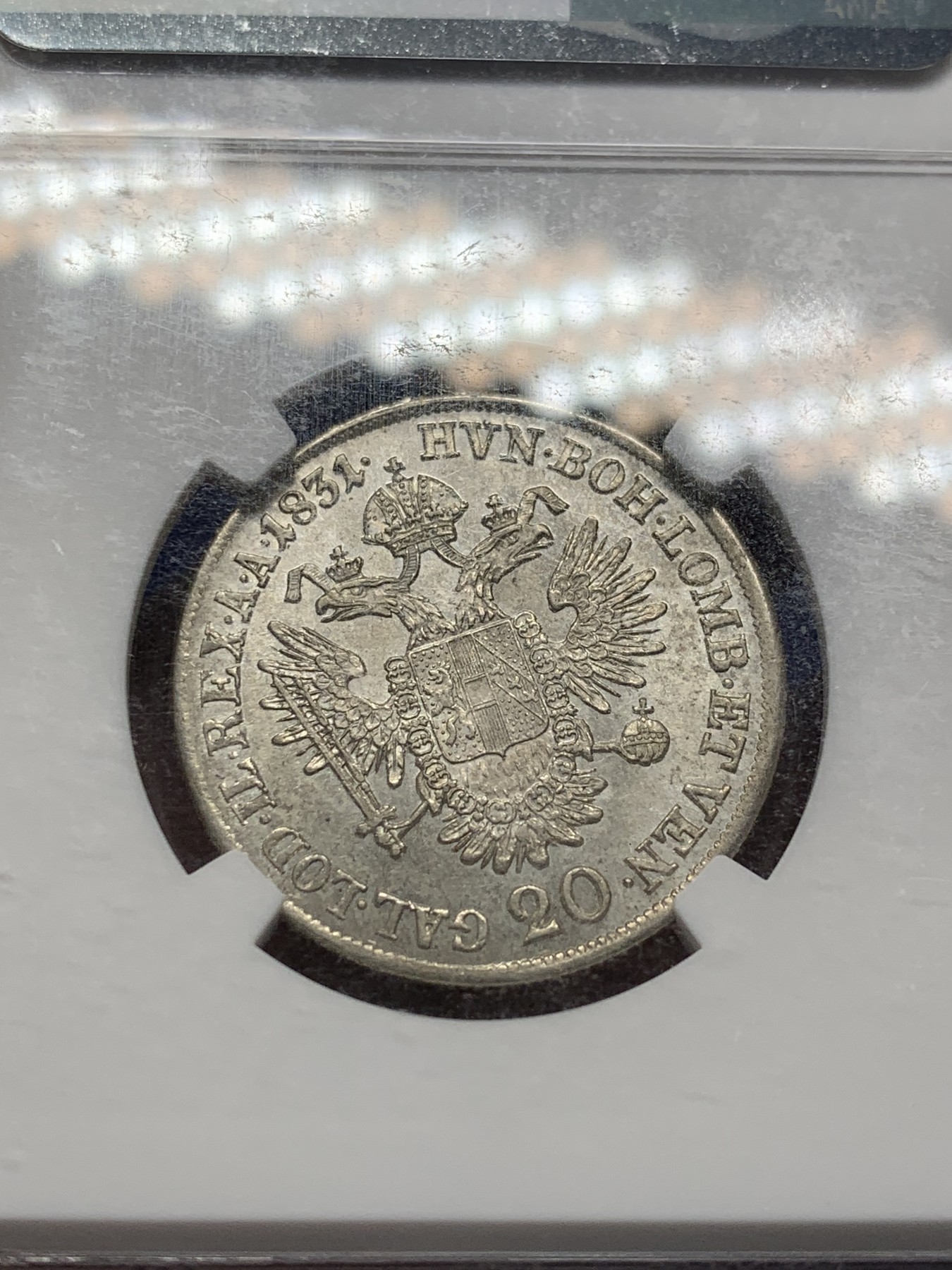 《竞宝斋》第208场-周日，周一 2场 (全场包邮) NGC-AU58 奥匈帝国20克鲁泽银币 1831年A 低评了 两面底板带转光 深打 亚军分 更高只有2枚