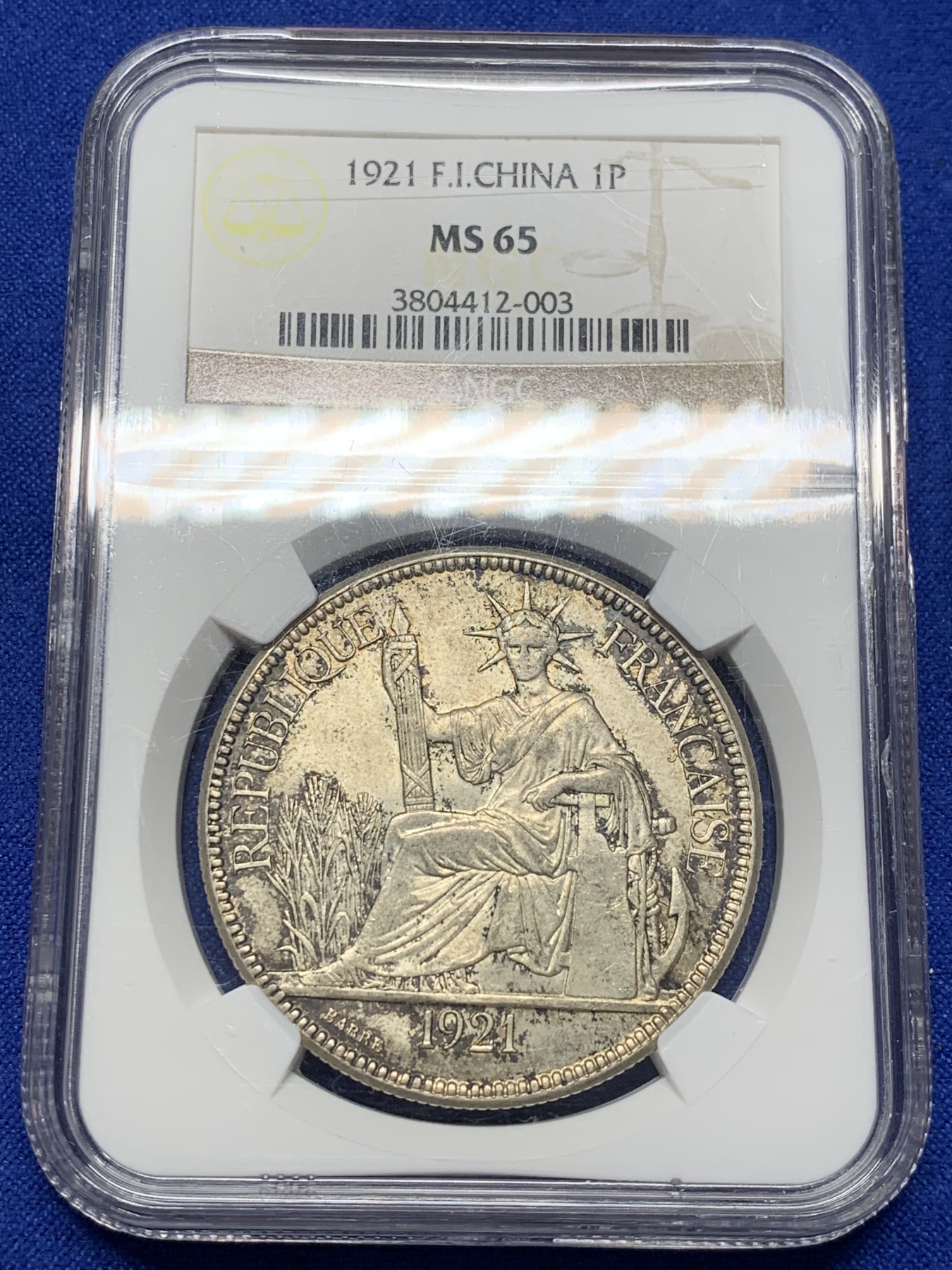 《竞宝斋》第208场-周日，周一 2场 (全场包邮) NGC MS65 法属印支1921年坐洋无字版（美国三藩厂版），车轮炫光，顶级冠军分！