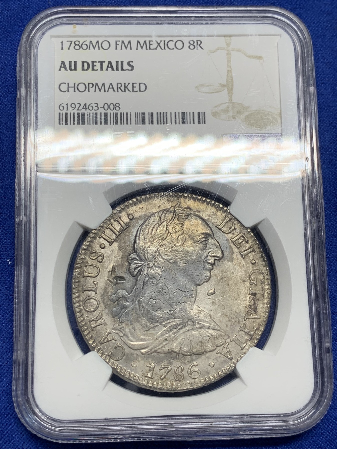 《竞宝斋》第208场-周日，周一 2场 (全场包邮) NGC AU 墨西哥1786MO 卡三8R双柱大银币 有小戳 整体深打 不错