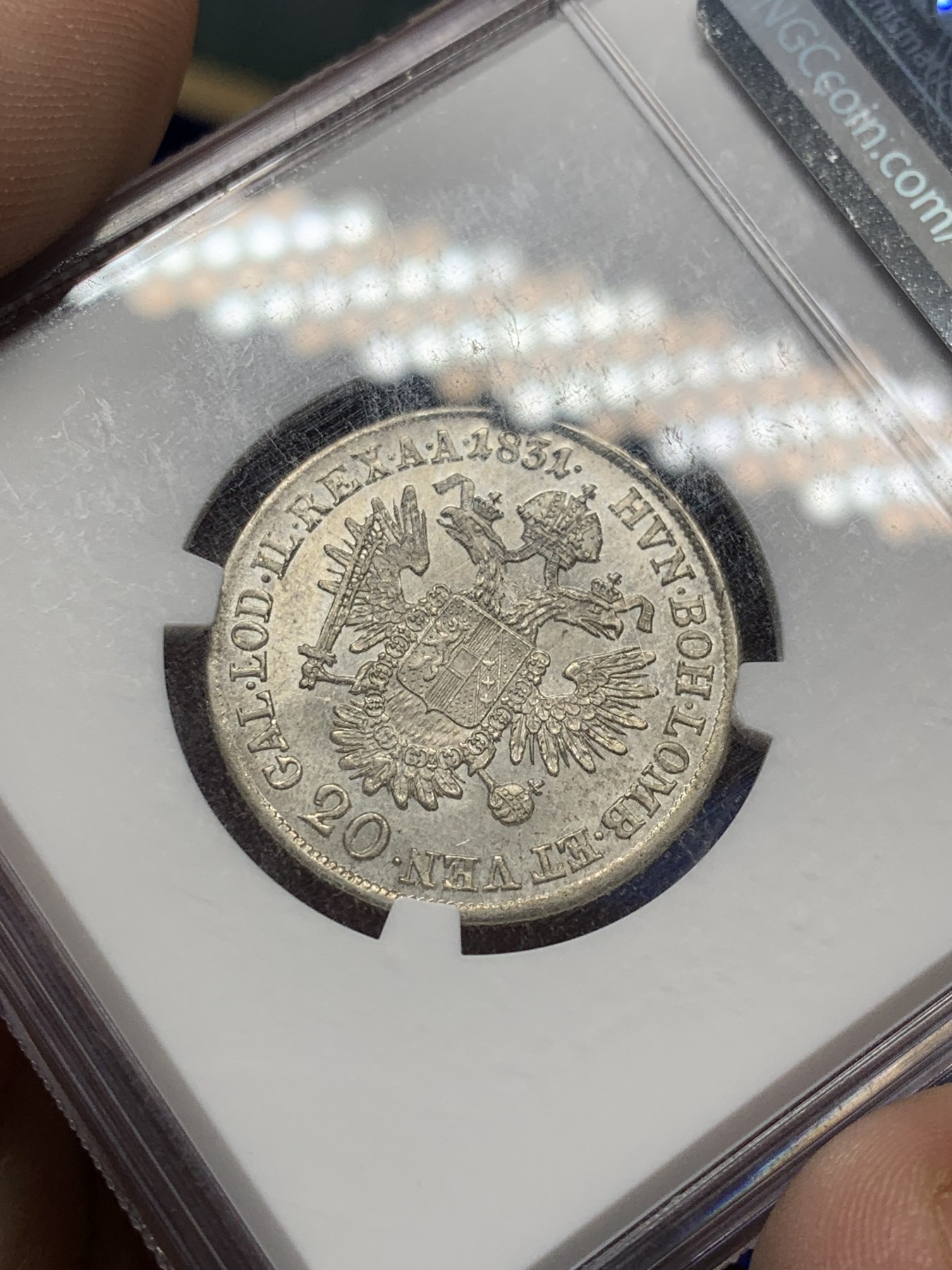 《竞宝斋》第208场-周日，周一 2场 (全场包邮) NGC-AU58 奥匈帝国20克鲁泽银币 1831年A 低评了 两面底板带转光 深打 亚军分 更高只有2枚