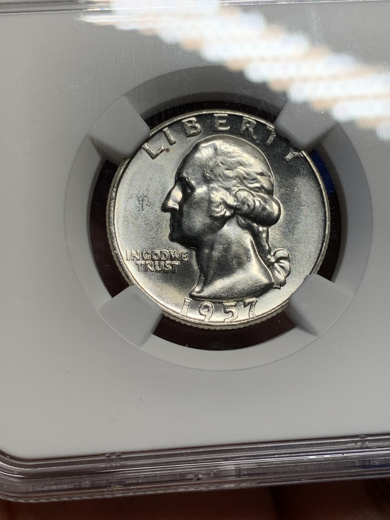 《竞宝斋》第208场-周日，周一 2场 (全场包邮) NGC-MS63  美国 1957年 25分银币 华盛顿头像  无瑕底板