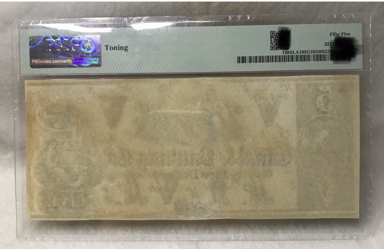 PMG评级 1840年美国新奥尔良中央银行单面版5美元纸币 加大版 PMG55 Canal &Banking co.