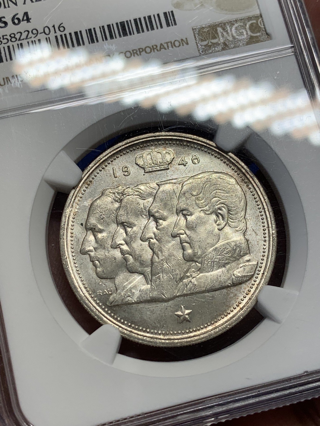 《竞宝斋》第208场-周日，周一 2场 (全场包邮) NGC MS64 比利时1948年100法郎银币