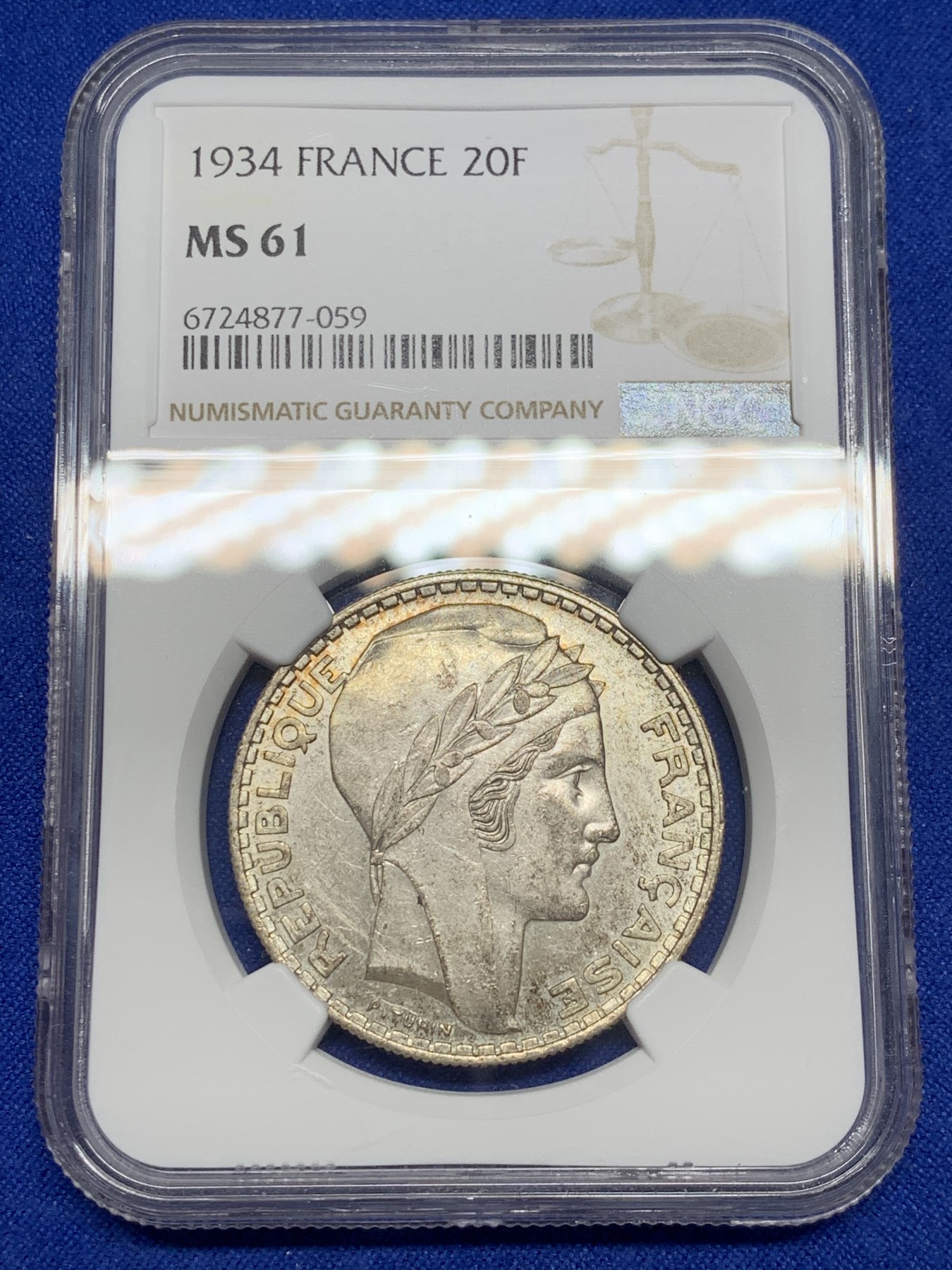 《竞宝斋》第208场-周日，周一 2场 (全场包邮) NGC-MS61 法国1934年 谷物女神20法郎大银币