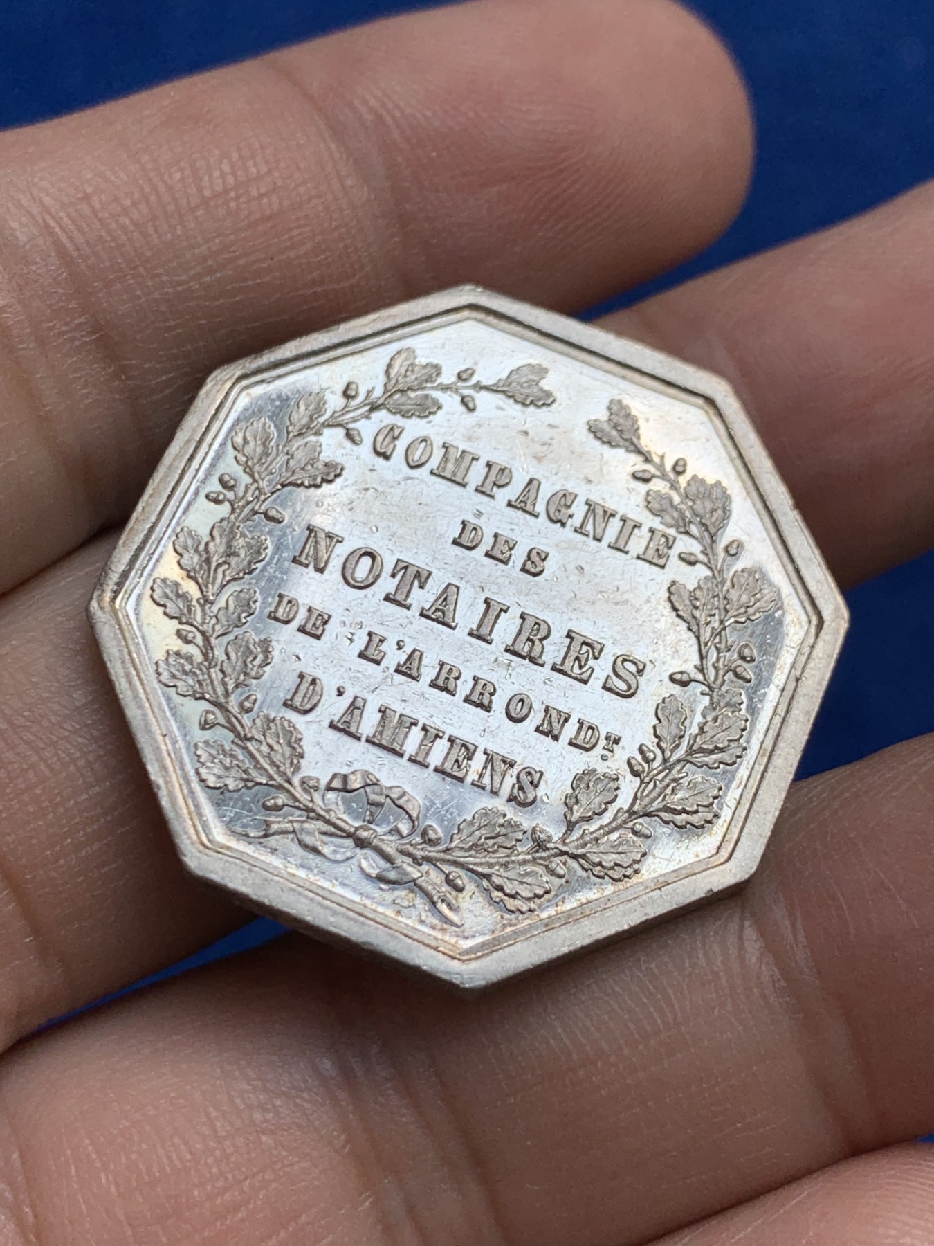 《竞宝斋》第208场-周日，周一 2场 (全场包邮) 法国八角银质代币，亚眠公证处，15.97g，31.8mm，丰饶角边铭