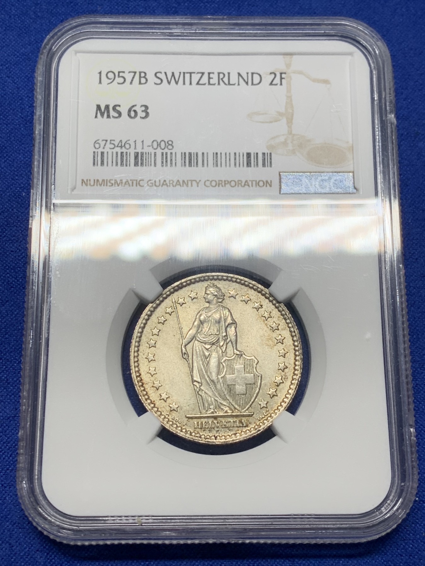 《竞宝斋》第208场-周日，周一 2场 (全场包邮) NGC-MS63 瑞士1957年 雪山女神2法郎银币