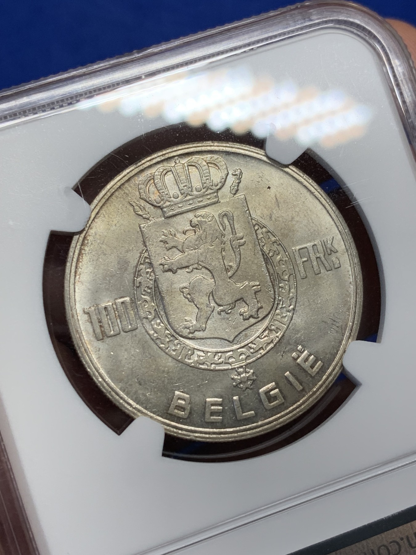 《竞宝斋》第208场-周日，周一 2场 (全场包邮) NGC MS64 比利时1948年100法郎银币