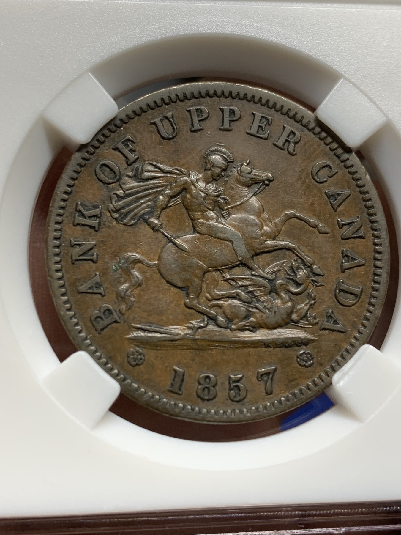 《竞宝斋》第208场-周日，周一 2场 (全场包邮) 铜代币两枚一组 加拿大安大略省马剑 1857年1便士+1854年半便士，稀有题材，值得收藏