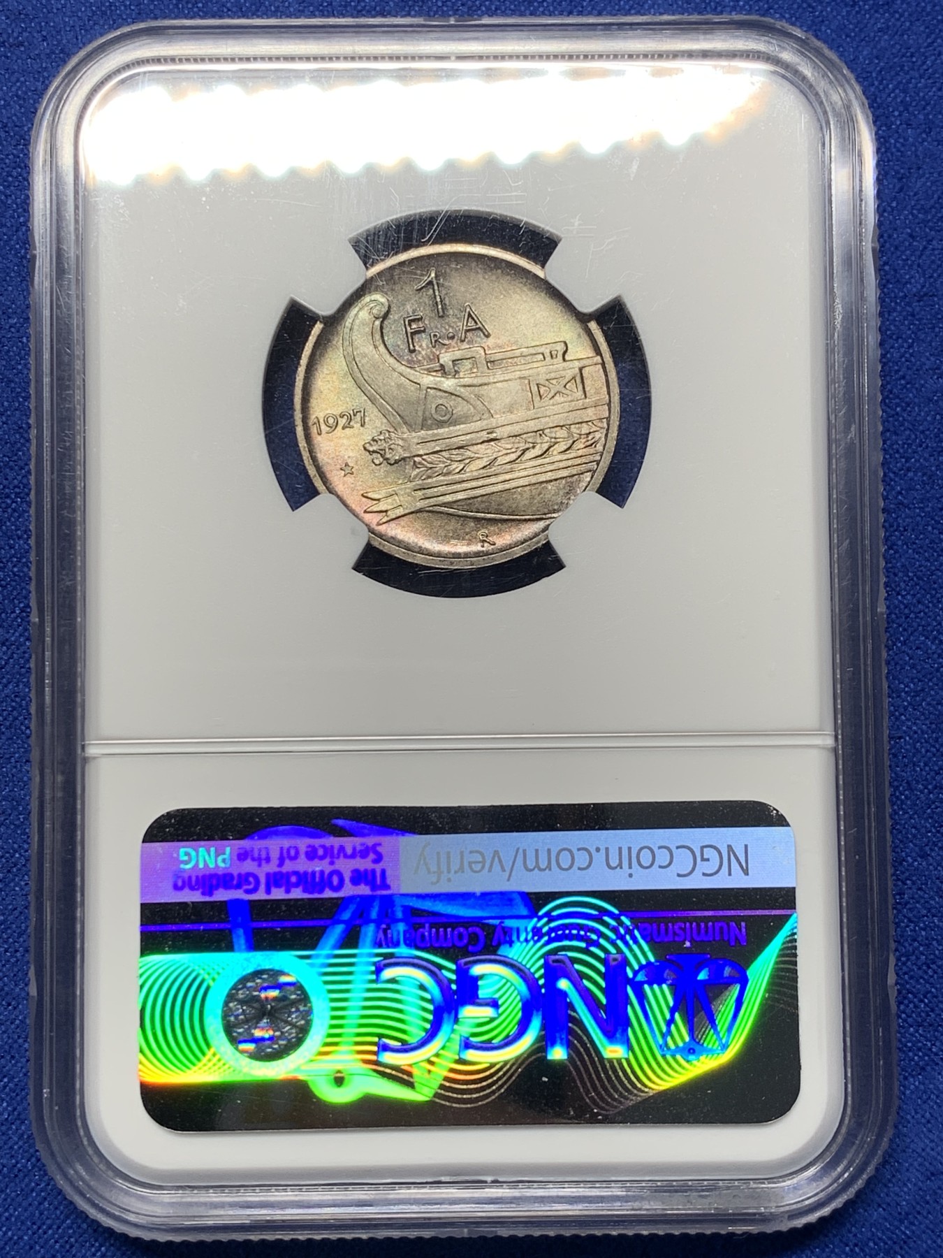 《竞宝斋》第208场-周日，周一 2场 (全场包邮) NGC MS65 阿尔巴尼亚 1927 女神1弗朗 银币 稀缺品种 双面五彩包浆 外拍热门品种 流通币 发行量只有10万枚
