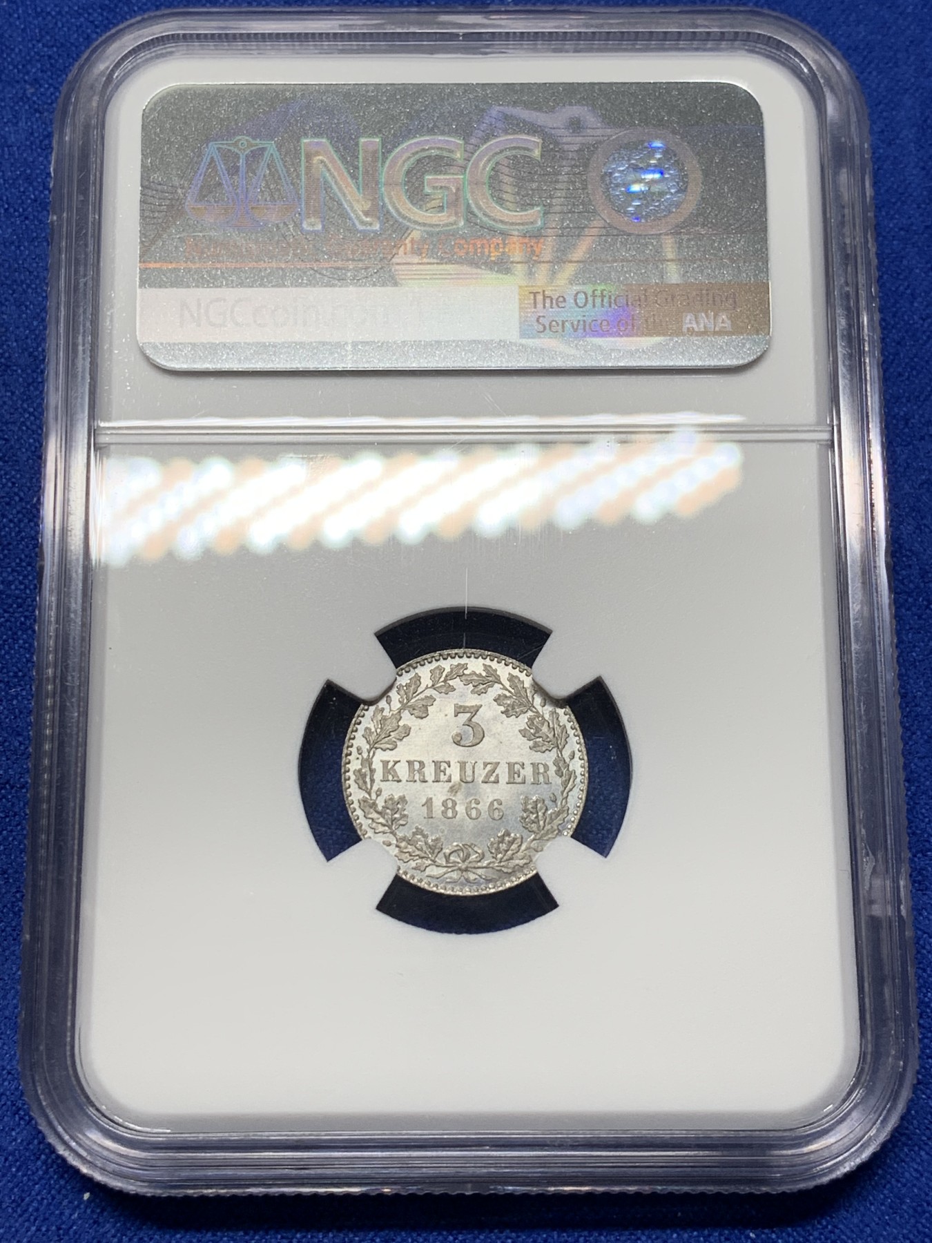 《竞宝斋》第208场-周日，周一 2场 (全场包邮) 两枚一组 NGC-MS65 法兰克福1866年1克鲁泽、3克鲁泽银币一对，高分难得 十分漂亮