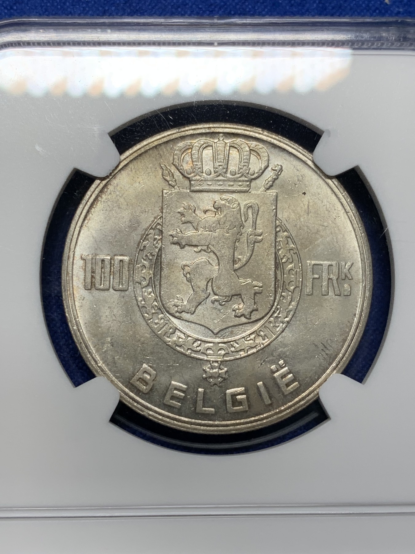 《竞宝斋》第208场-周日，周一 2场 (全场包邮) NGC MS64 比利时1948年100法郎银币