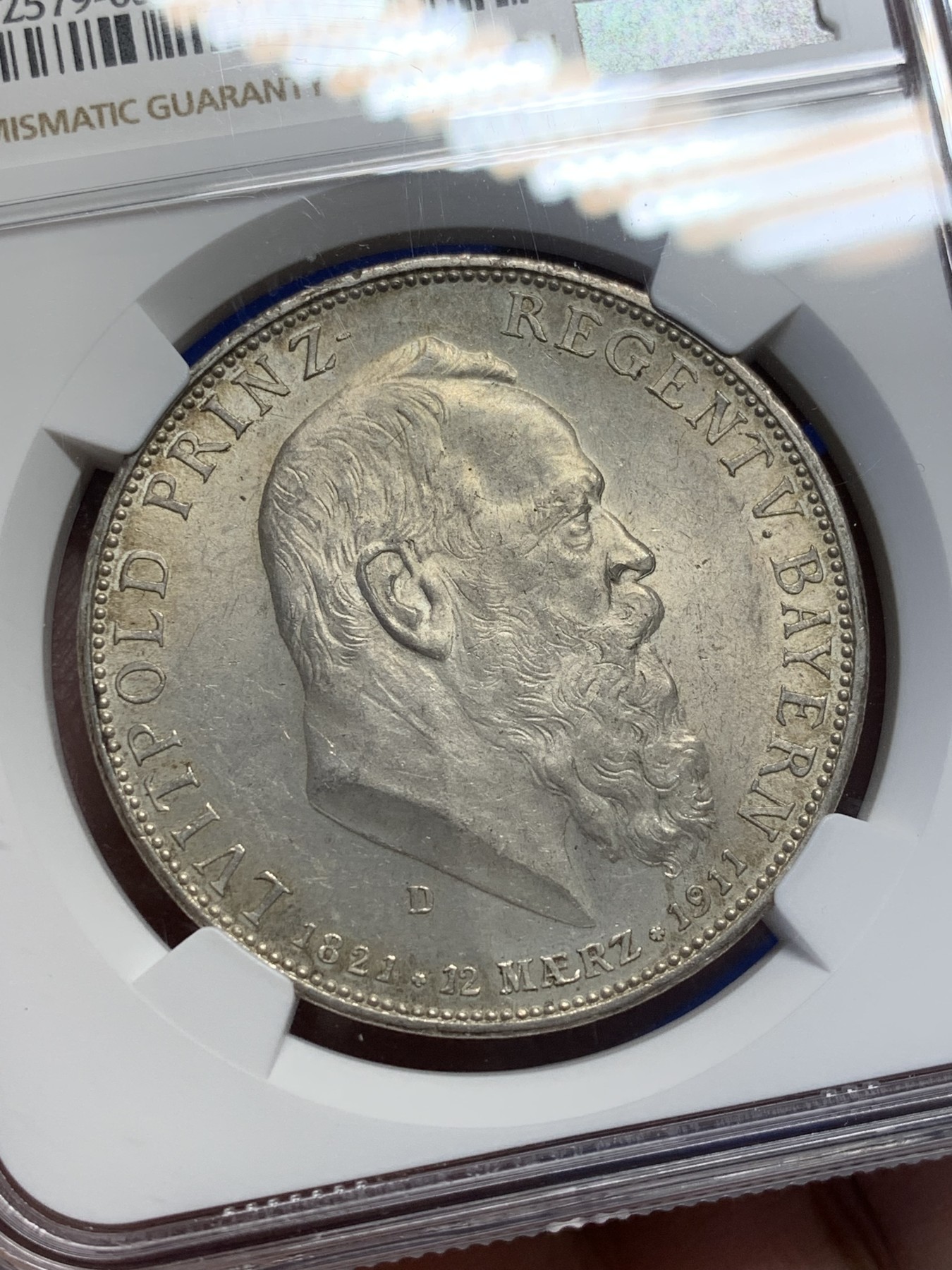 《竞宝斋》第208场-周日，周一 2场 (全场包邮) NGC-MS62 德国 巴伐利亚 1911年 摄政王利奥波德 90大寿纪念 5马克银币 状态好