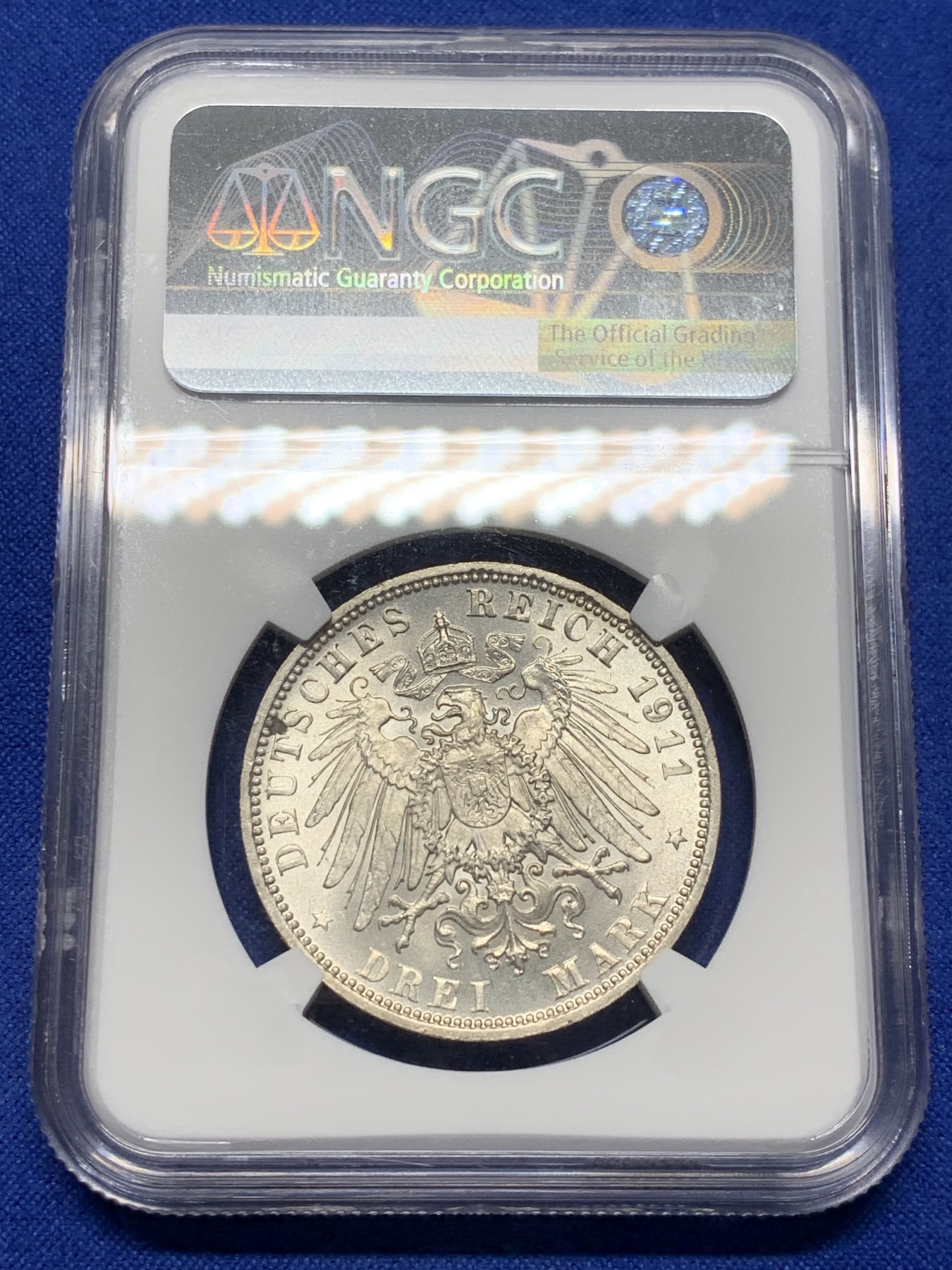 《竞宝斋》第208场-周日，周一 2场 (全场包邮) NGC-MS65 德国 巴伐利亚 1911年 摄政王利奥波德 90大寿纪念 3马克银币 状态好