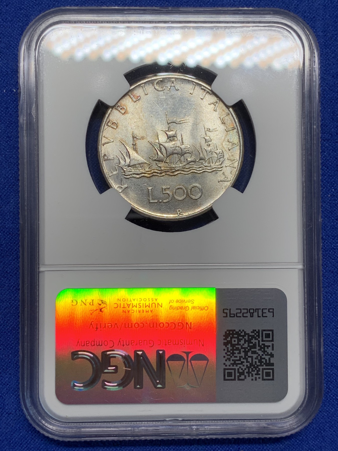 《竞宝斋》第208场-周日，周一 2场 (全场包邮) NGC MS63 意大利1958年500里拉银币 漂亮人妻带点彩 年份少见