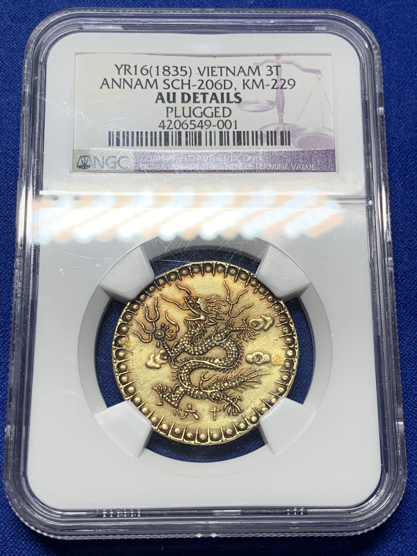 《竞宝斋》第208场-周日，周一 2场 (全场包邮) NGC AU 安南明命 飞龙3T金币 经典品种的最高规格 PLUGGED 细节见图 日本环球拍卖 上周3T金币Tooled 含佣金7万人民币成交