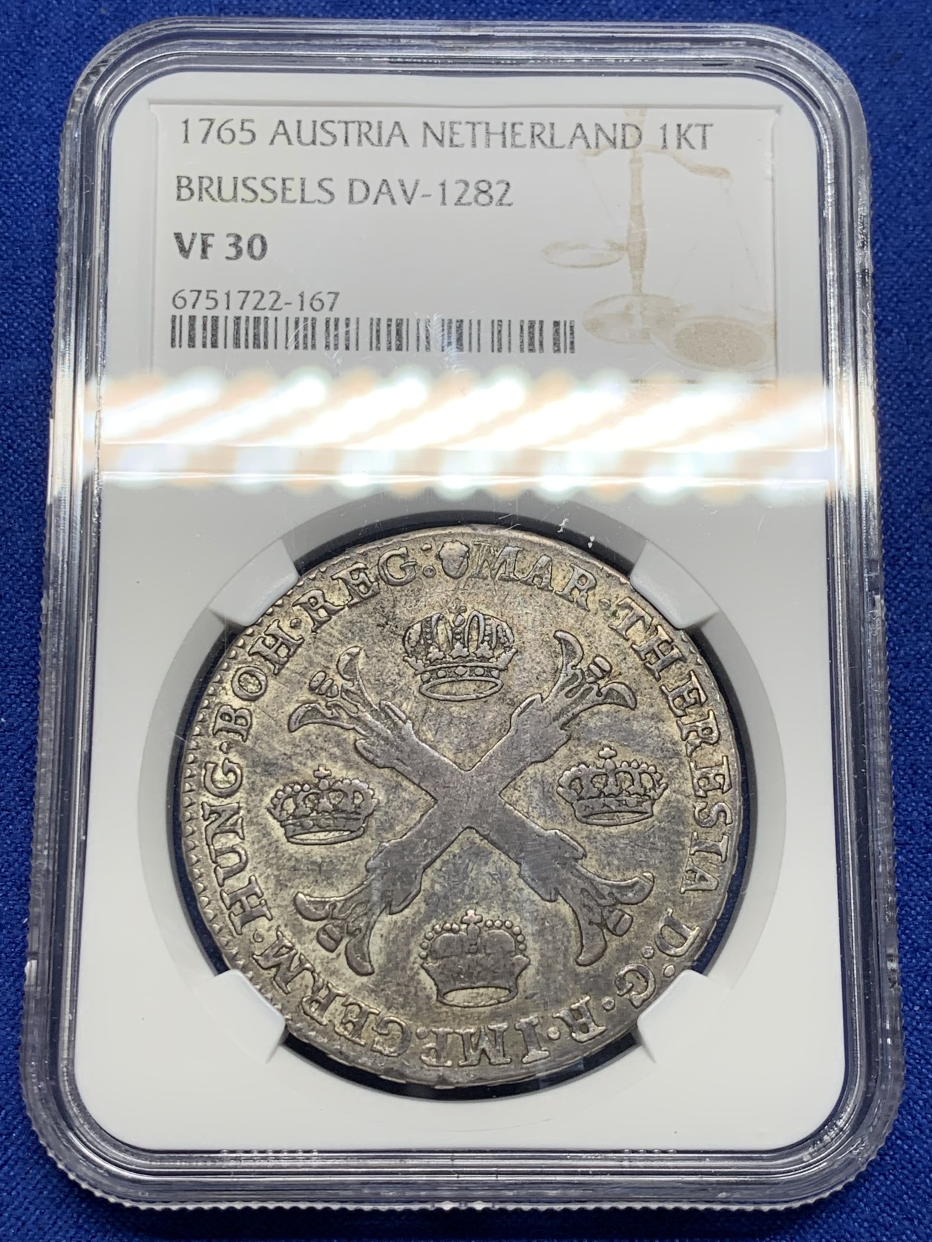 《竞宝斋》第208场-周日，周一 2场 (全场包邮) NGC VF30奥属尼德兰1765年布鲁塞尔铸币厂四角冠原味1KT大银同级别亚军分数 双面深褐色包浆 非常难得