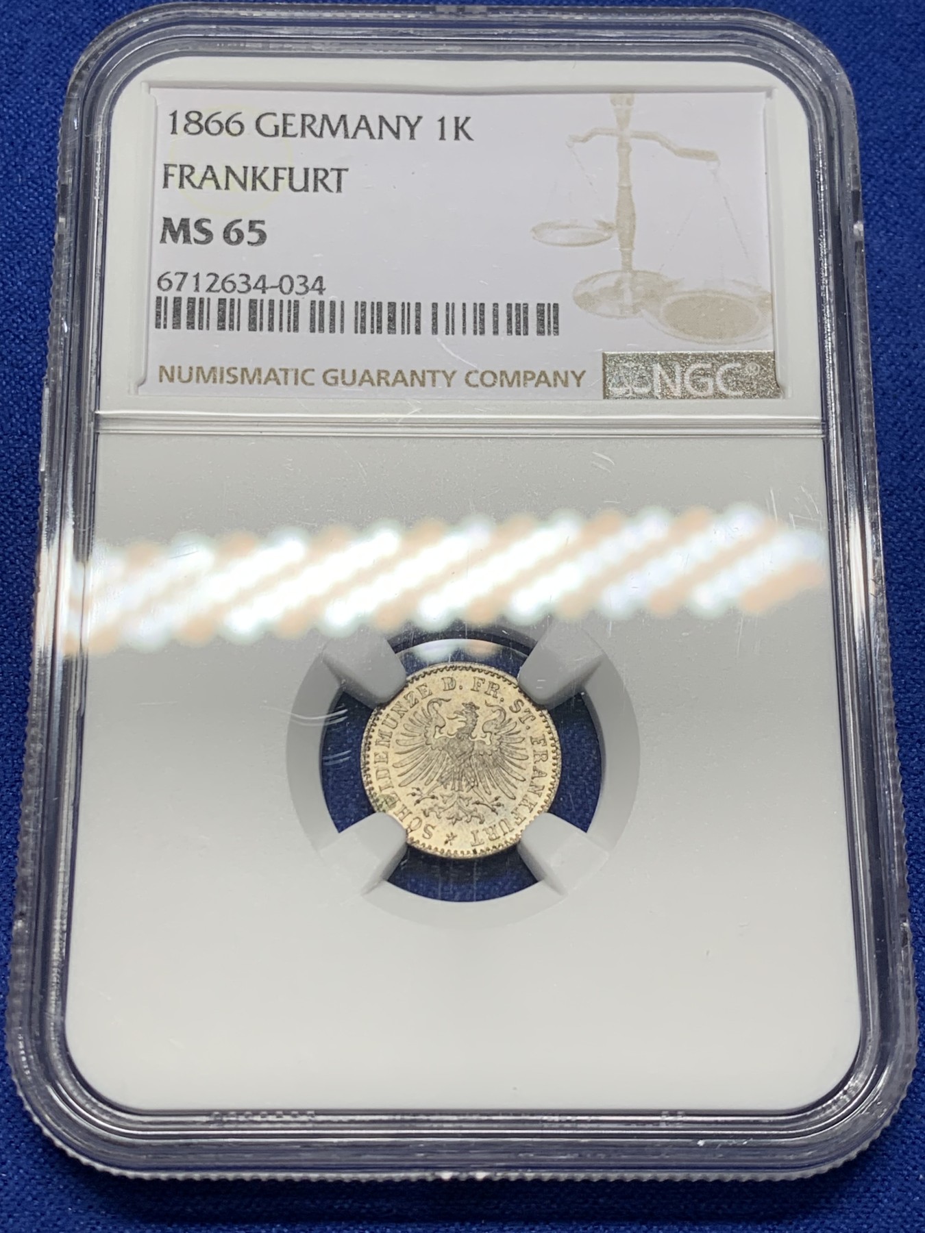 《竞宝斋》第208场-周日，周一 2场 (全场包邮) 两枚一组 NGC-MS65 法兰克福1866年1克鲁泽、3克鲁泽银币一对，高分难得 十分漂亮