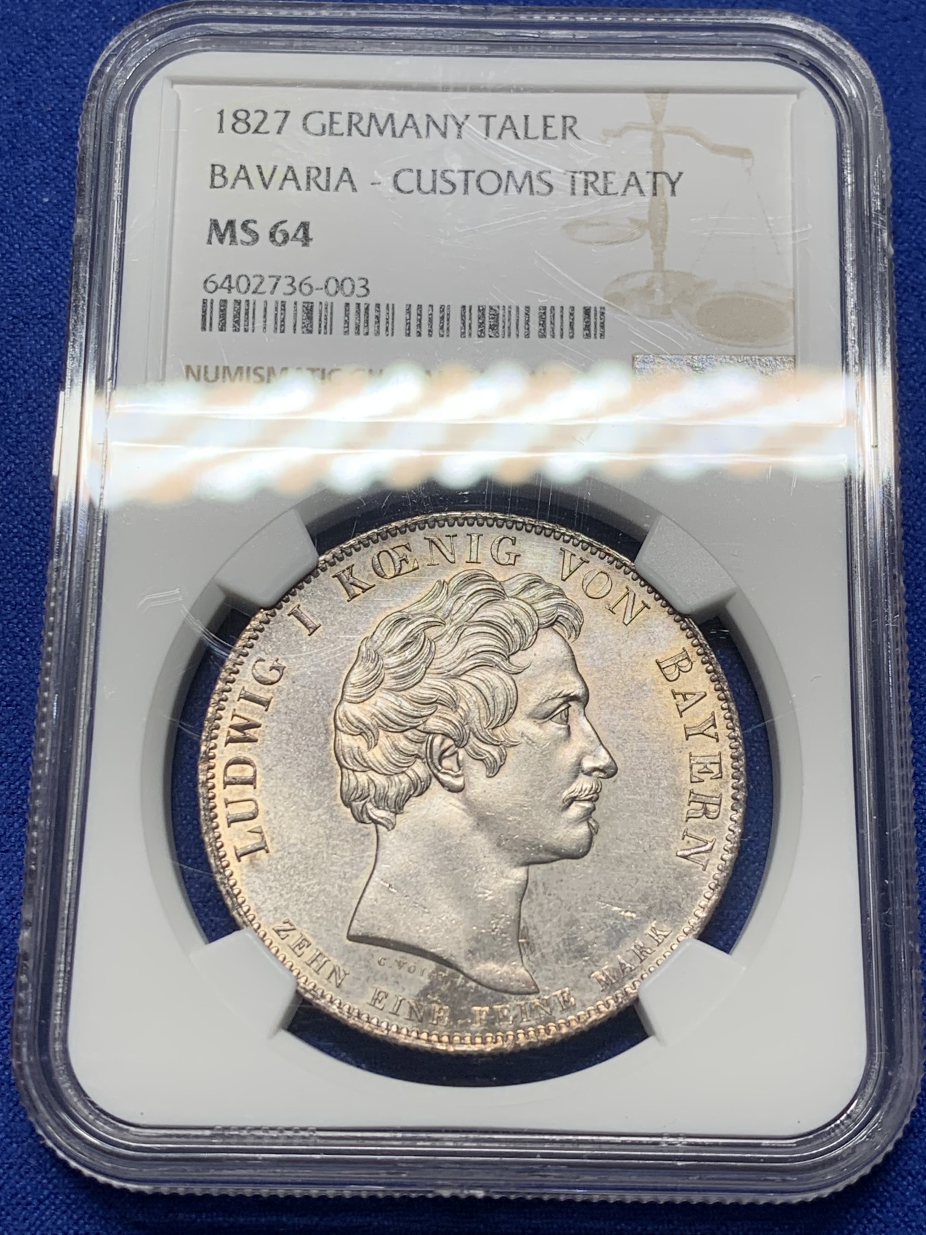 《竞宝斋》第208场-周日，周一 2场 (全场包邮) NGC MS64 德国 1827  巴伐利亚路德维希一世 海关条约纪念大泰勒银币  底板细节包浆 一旦拥有别无所求