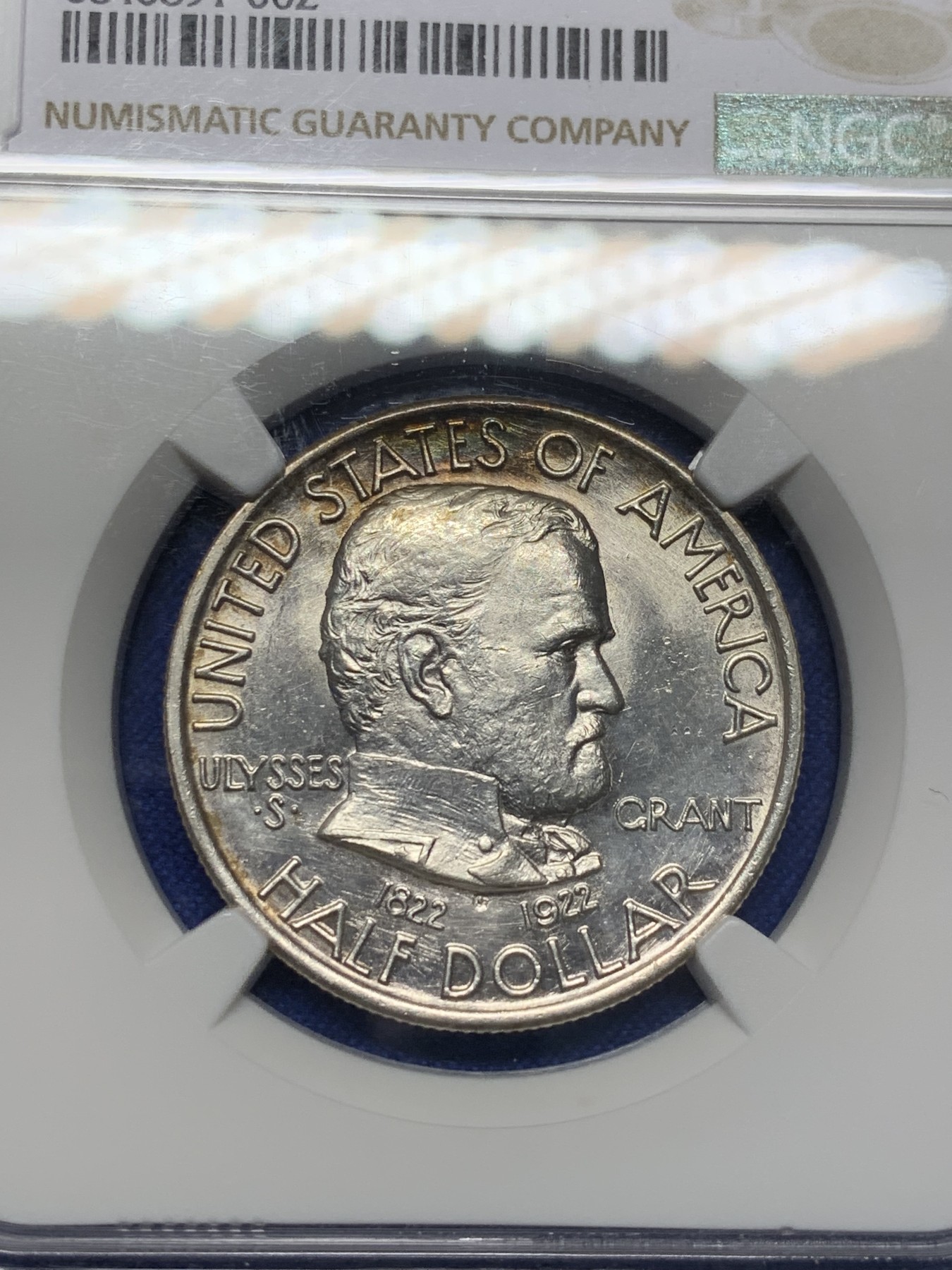 《竞宝斋》第208场-周日，周一 2场 (全场包邮) NGC-UNCD 美国1922年格兰特将军 半美元纪念银币  带点彩 整体状态不错