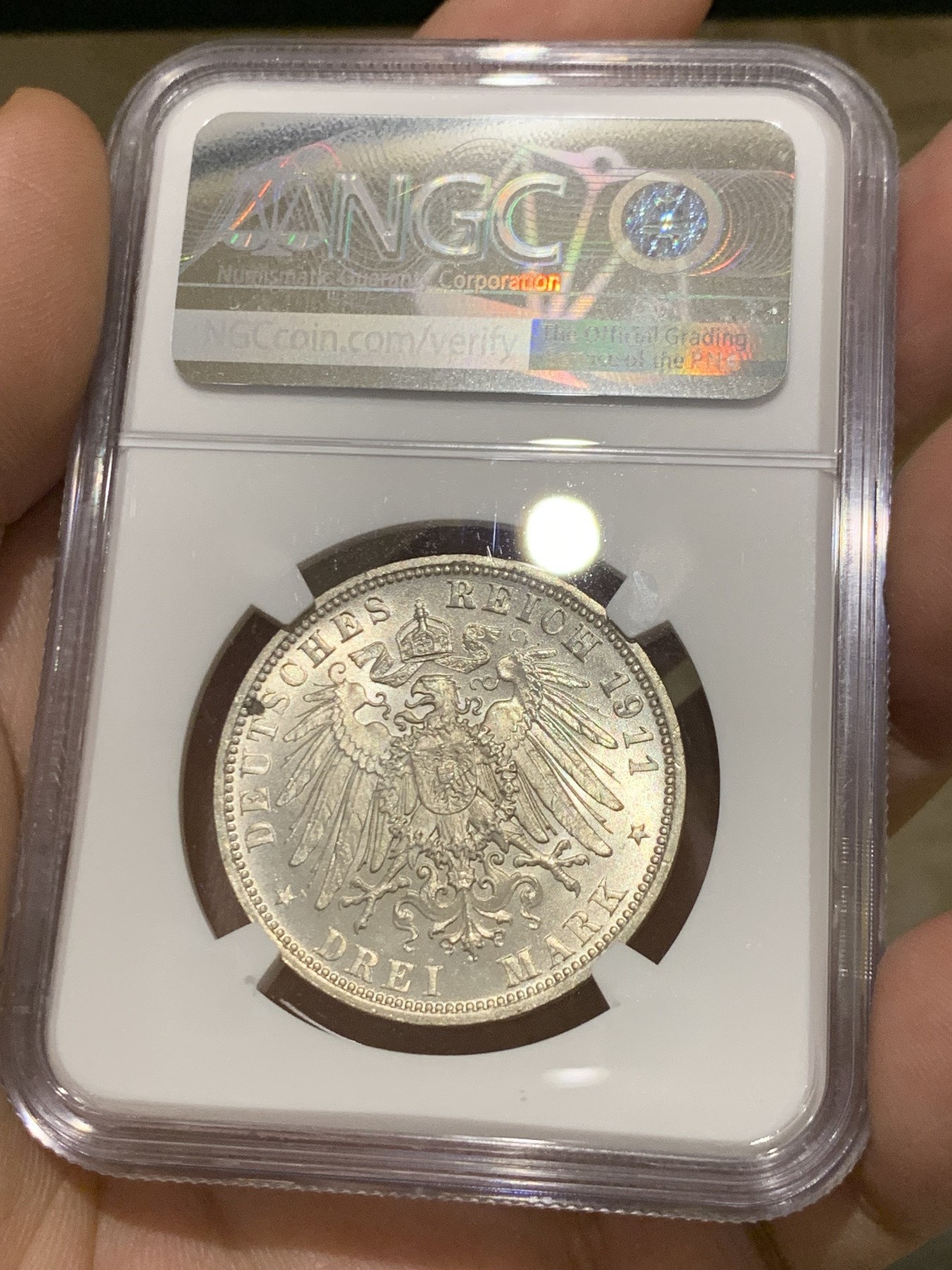 《竞宝斋》第208场-周日，周一 2场 (全场包邮) NGC-MS65 德国 巴伐利亚 1911年 摄政王利奥波德 90大寿纪念 3马克银币 状态好