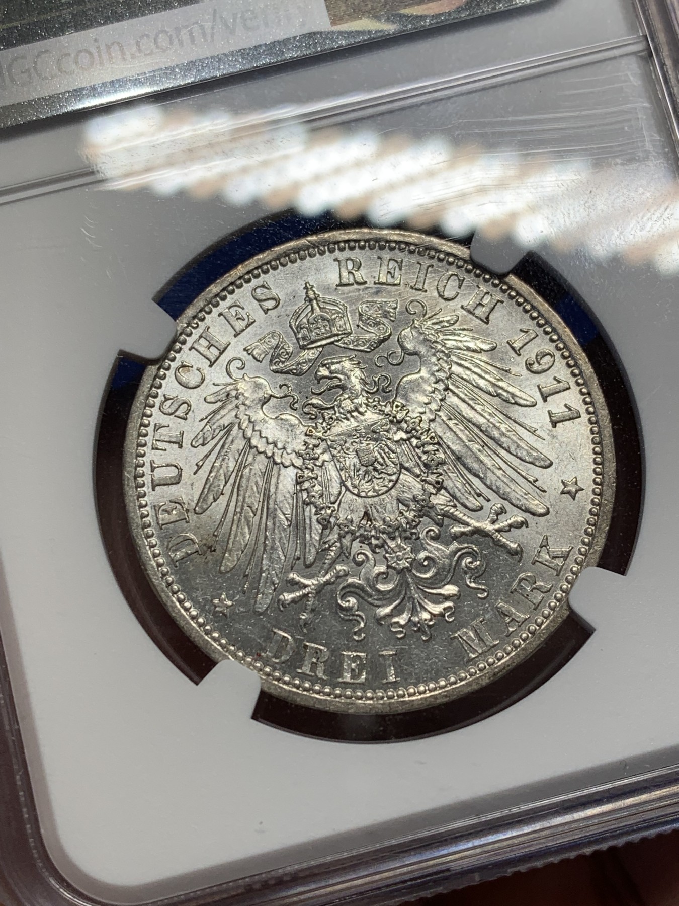 《竞宝斋》第208场-周日，周一 2场 (全场包邮) NGC AU58 德国1911版大头3马克银币，转光强烈