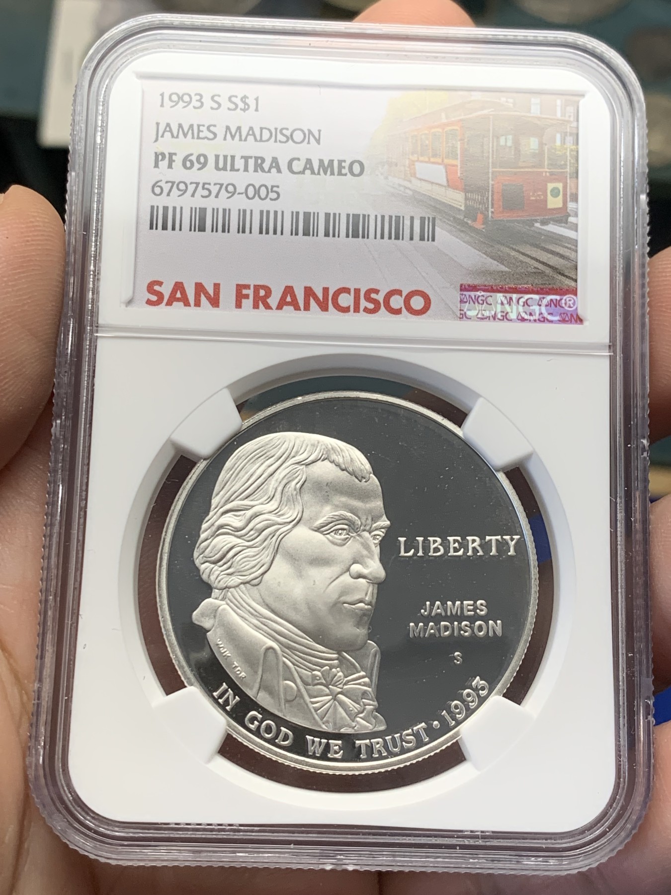 《竞宝斋》第208场-周日，周一 2场 (全场包邮) NGC PF69UC 美国1993年麦迪逊总统1美元精制大银币