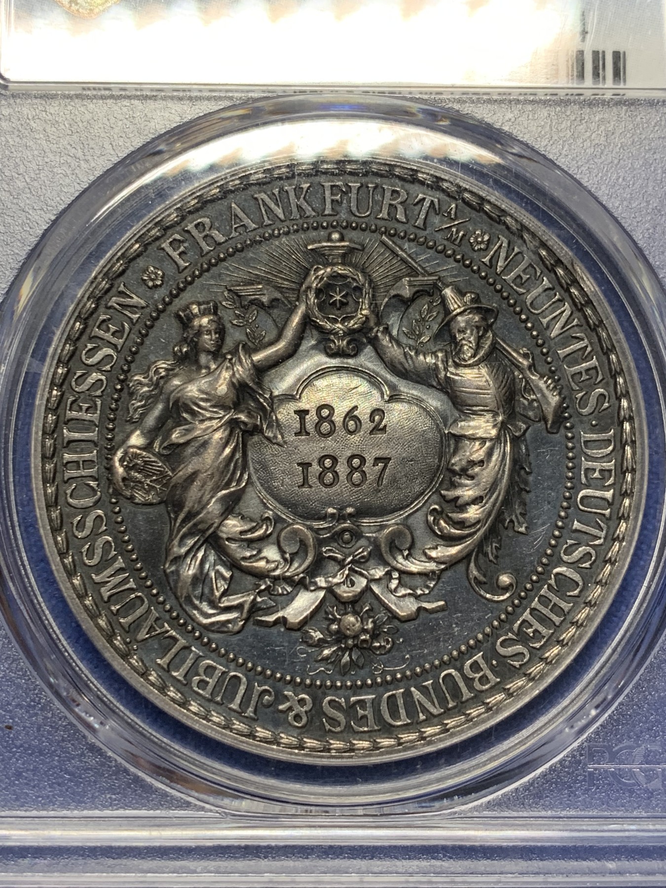 《竞宝斋》第208场-周日，周一 2场 (全场包邮) PCGS SP63 德国 1887法兰克福射击纪念银章 深彩包浆 高度浮雕 非常的漂亮 难得状态