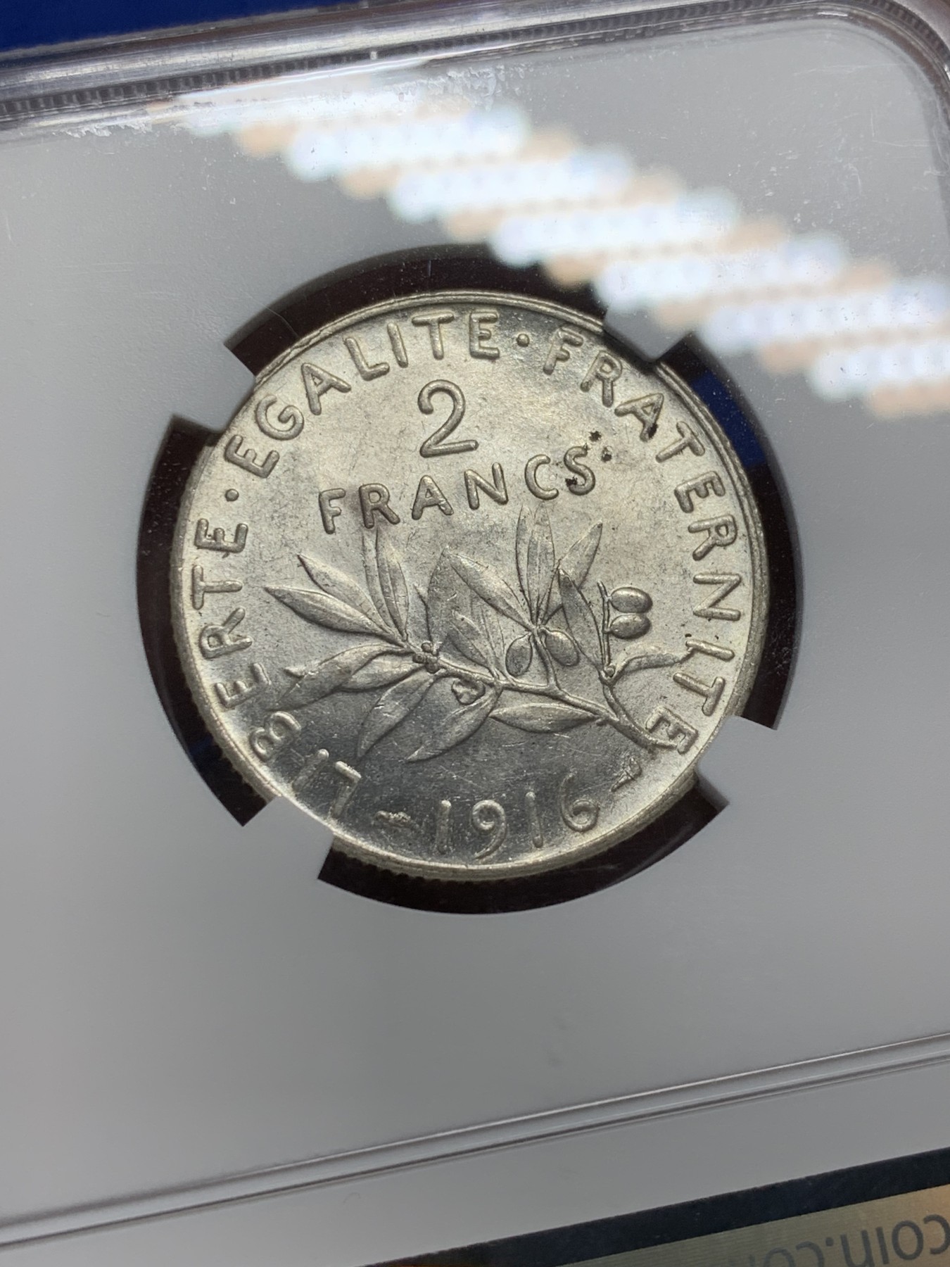 《竞宝斋》第208场-周日，周一 2场 (全场包邮) NGC-MS63 法国1916年播种女神2法郎银币 罗蒂大师设计