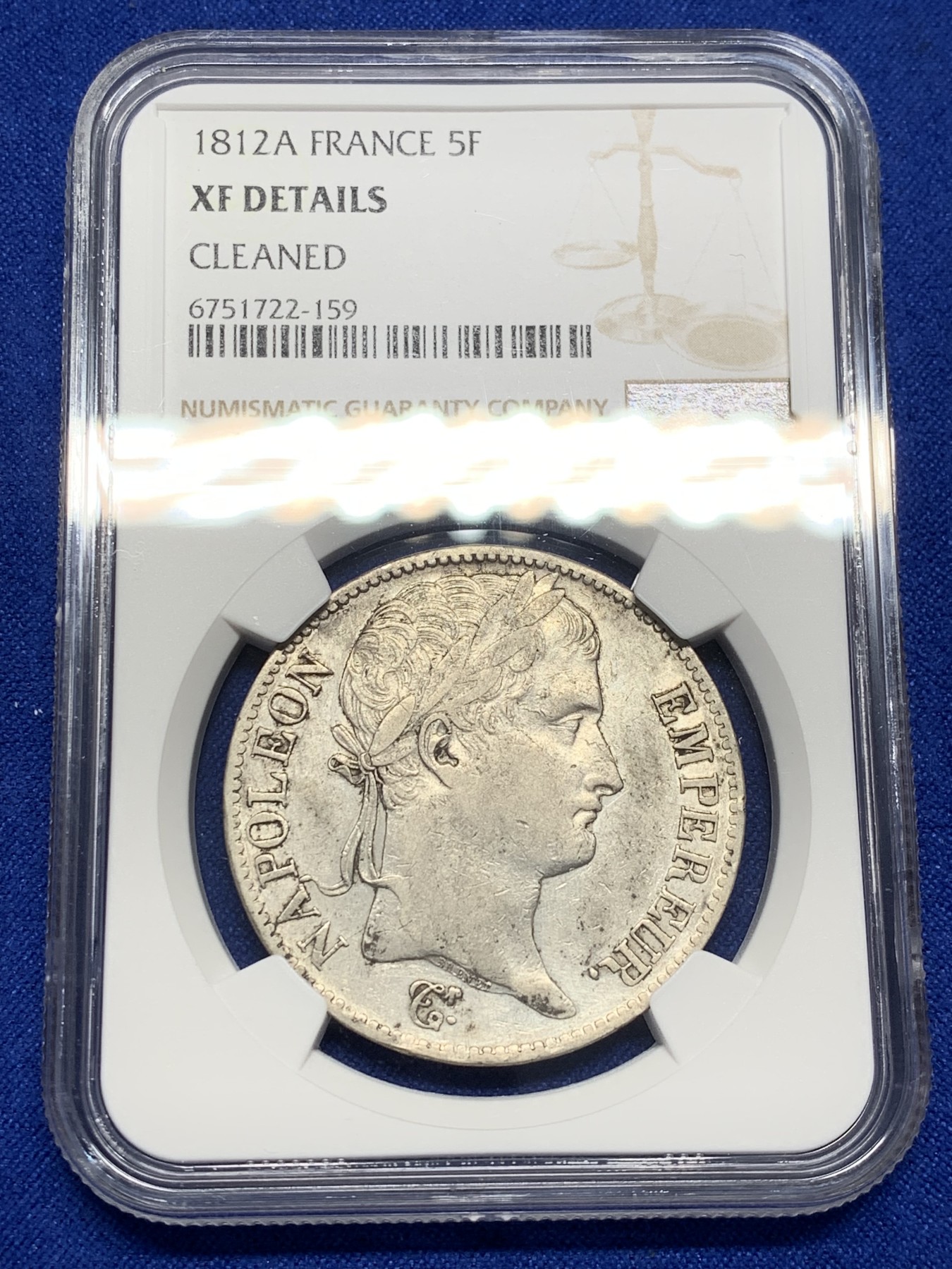《竞宝斋》第208场-周日，周一 2场 (全场包邮) NGC XFD 1812年法国拿破仑5法郎银币 不多的年份 整体深打