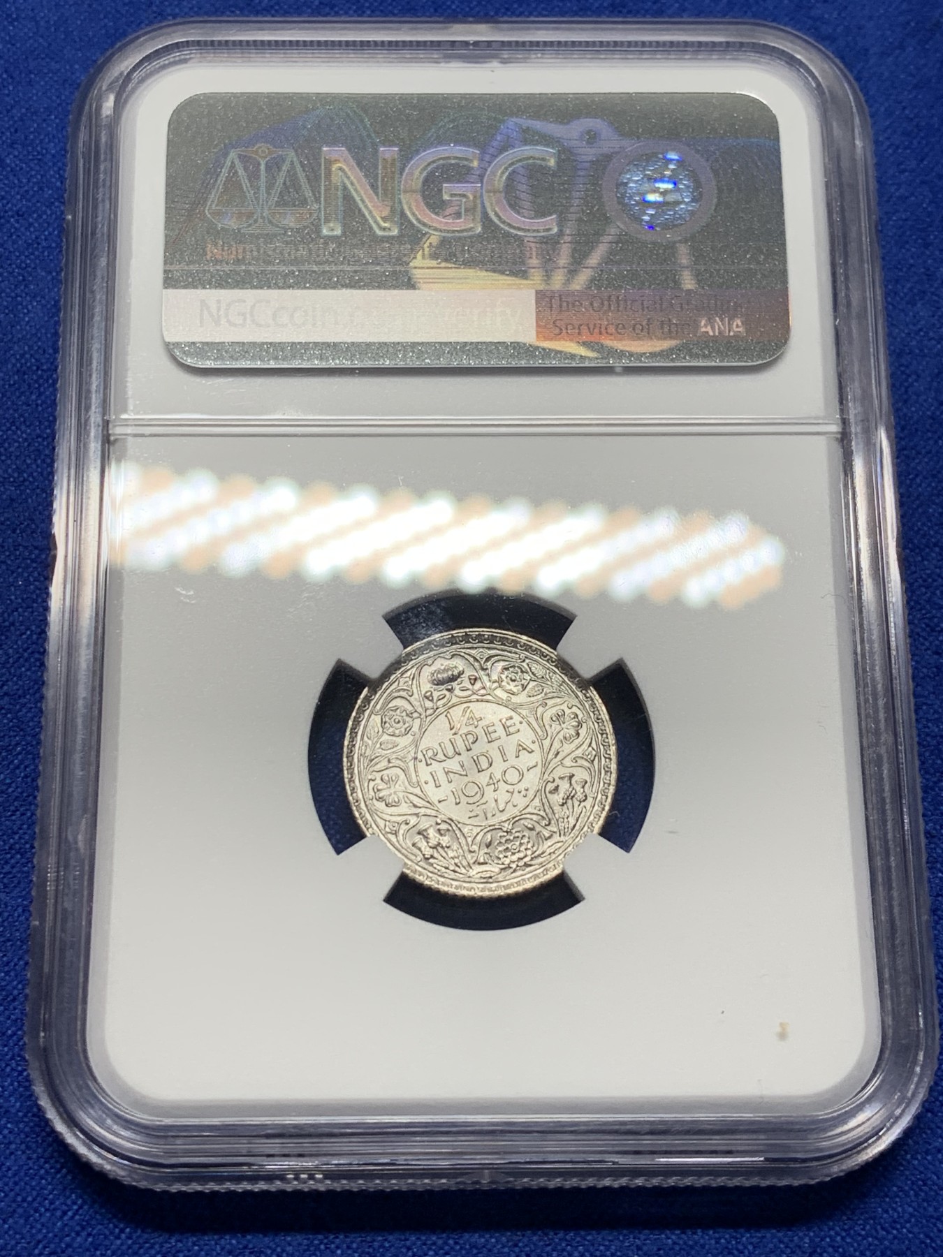 《竞宝斋》第208场-周日，周一 2场 (全场包邮) NGC MS63 英属印度 1940 乔六 1/4卢比银币 大面值常见 1/4的 流通大好品不容易