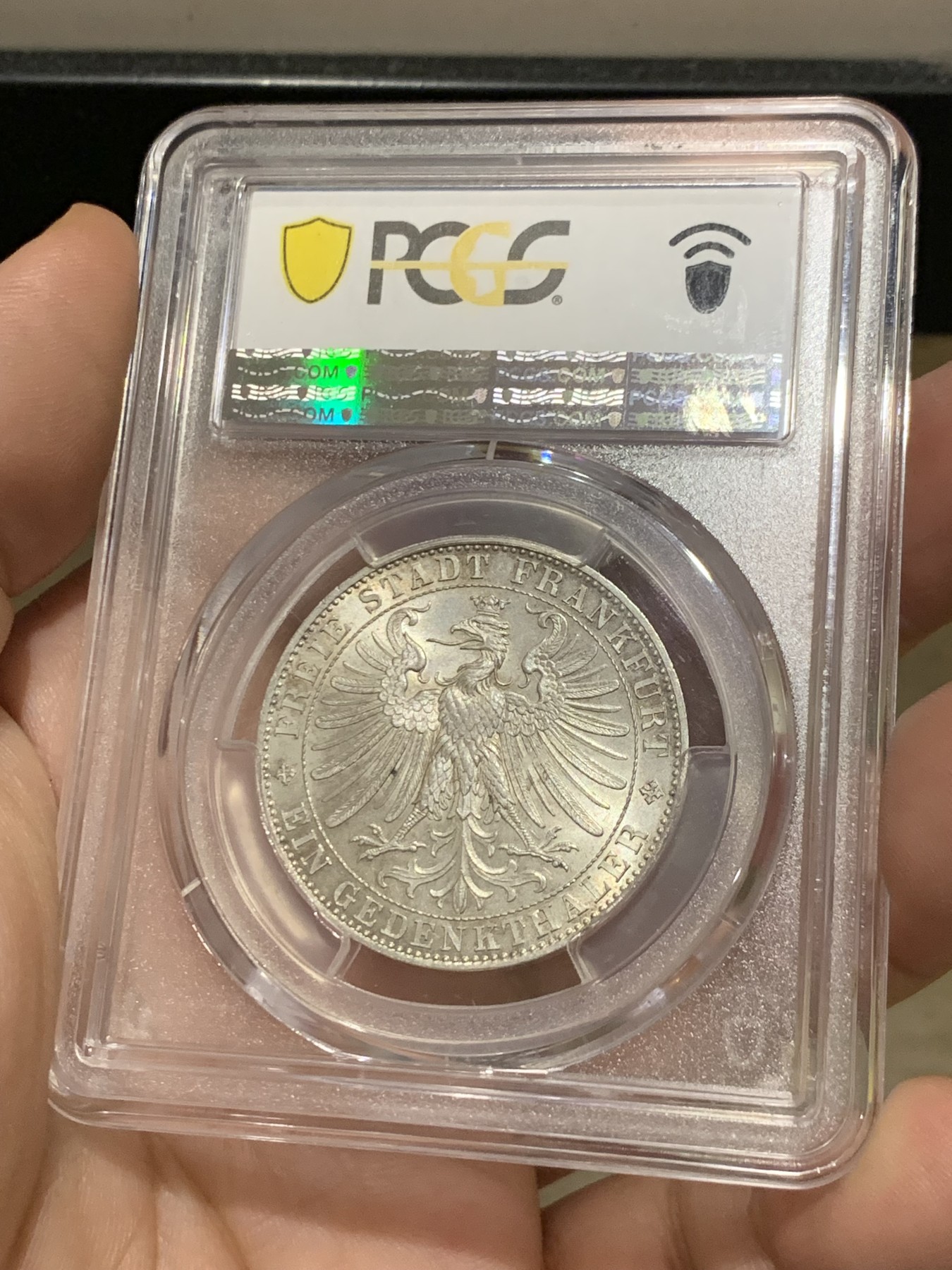《竞宝斋》第208场-周日，周一 2场 (全场包邮) PCGS MS64 德国法兰克福 1863 王子会议 城市景观泰勒 双面均匀的淡彩包浆 高分难得