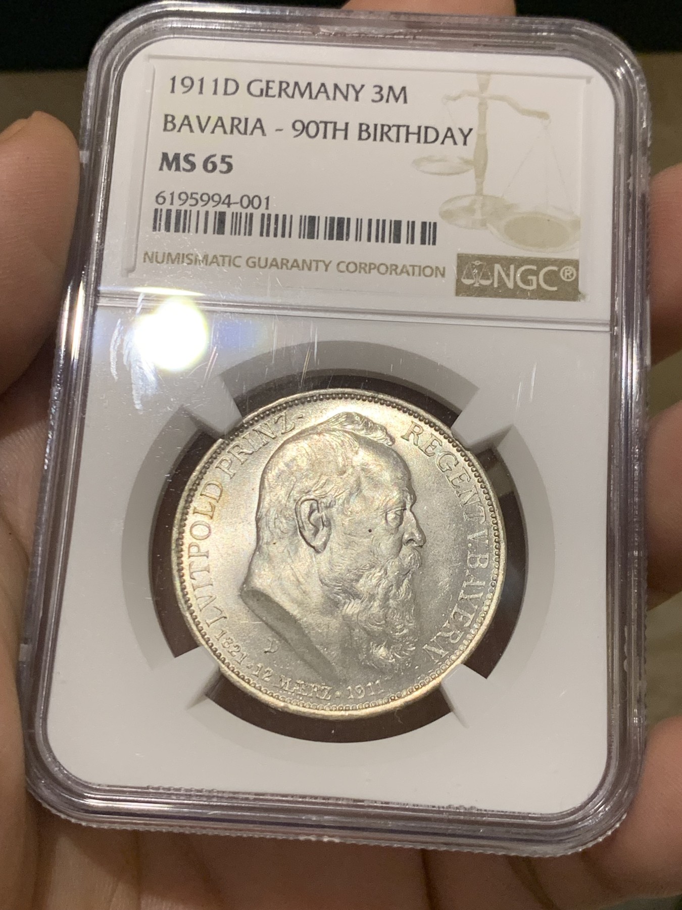 《竞宝斋》第208场-周日，周一 2场 (全场包邮) NGC-MS65 德国 巴伐利亚 1911年 摄政王利奥波德 90大寿纪念 3马克银币 状态好