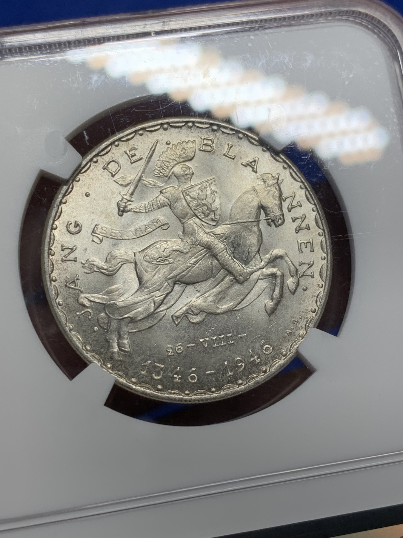 《竞宝斋》第208场-周日，周一 2场 (全场包邮) NGC-MS63 卢森堡1946年盲人约翰50法郎马剑银币