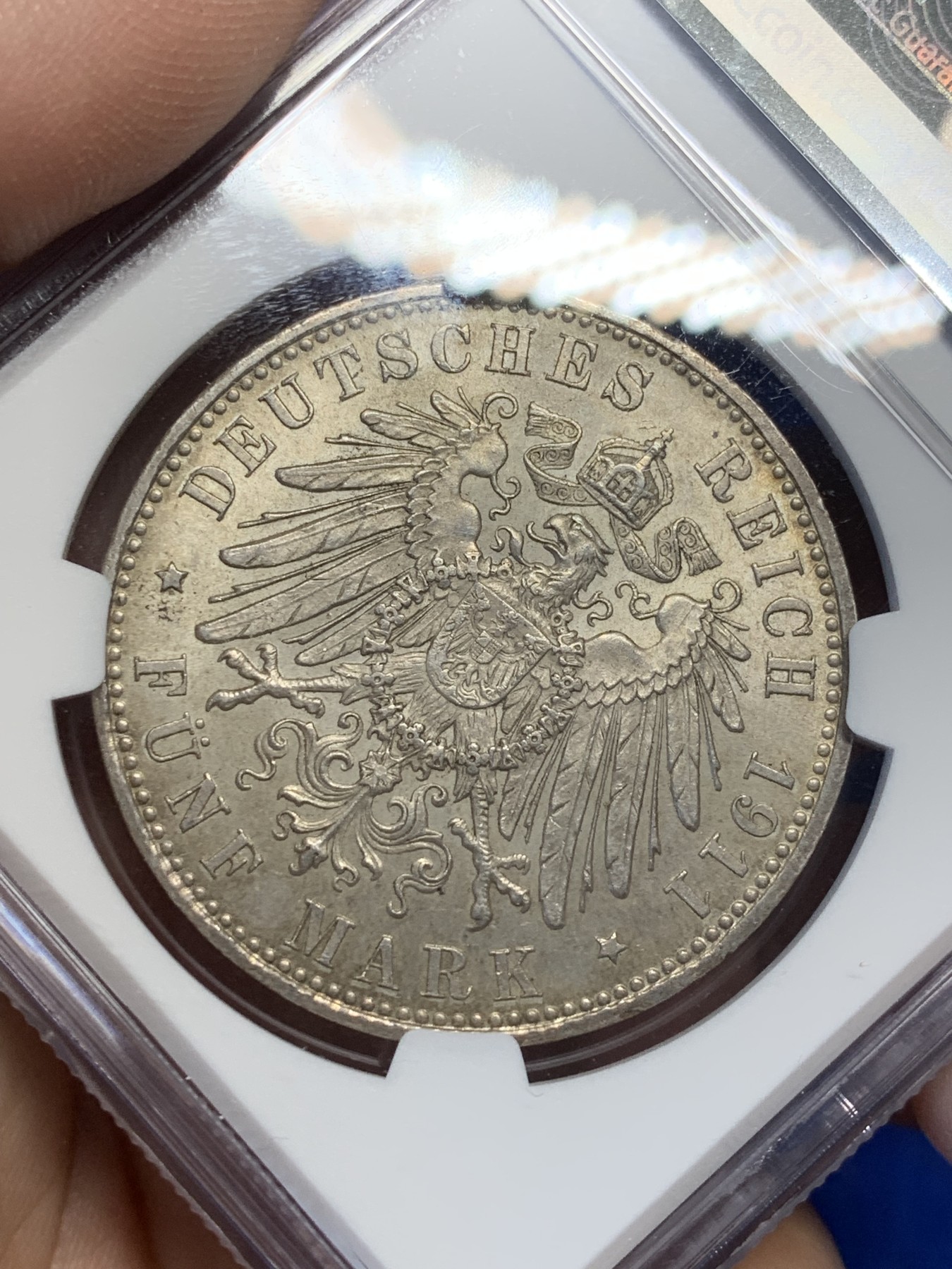 《竞宝斋》第208场-周日，周一 2场 (全场包邮) NGC-MS62 德国 巴伐利亚 1911年 摄政王利奥波德 90大寿纪念 5马克银币 状态好