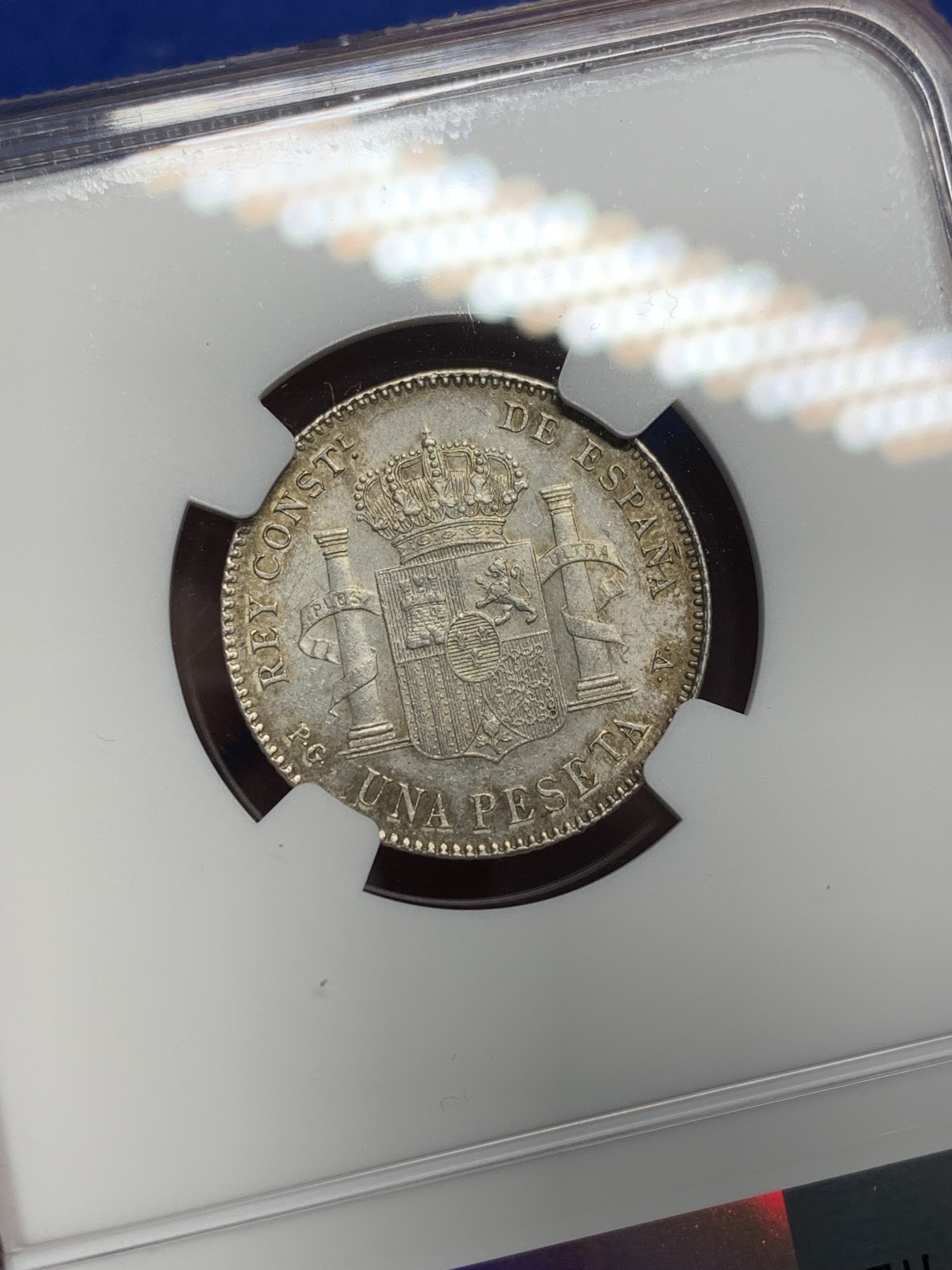 《竞宝斋》第208场-周日，周一 2场 (全场包邮) NGC MS62 西班牙1896年阿方索十三世1比塞塔银币 MS难得