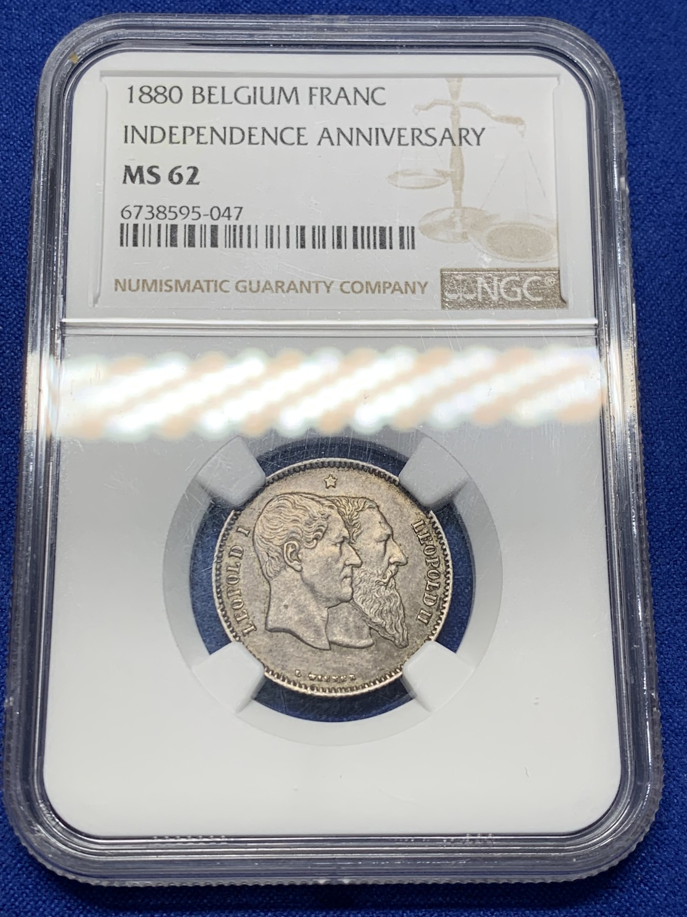 《竞宝斋》第208场-周日，周一 2场 (全场包邮) NGC MS62 比利时1880年建国50周年纪念1法郎银币，数量较少