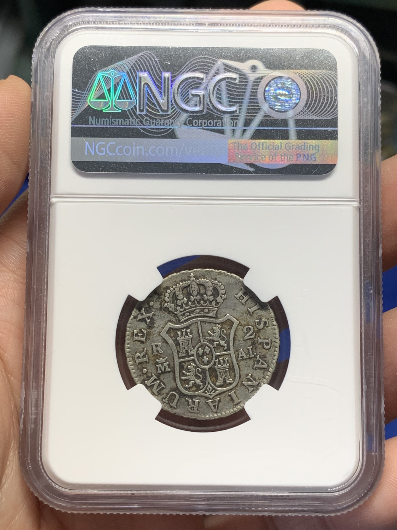 《竞宝斋》第208场-周日，周一 2场 (全场包邮) NGC VF 1808年西班牙本土卡四2R银币，磨损均匀，盾徽清晰，较少见