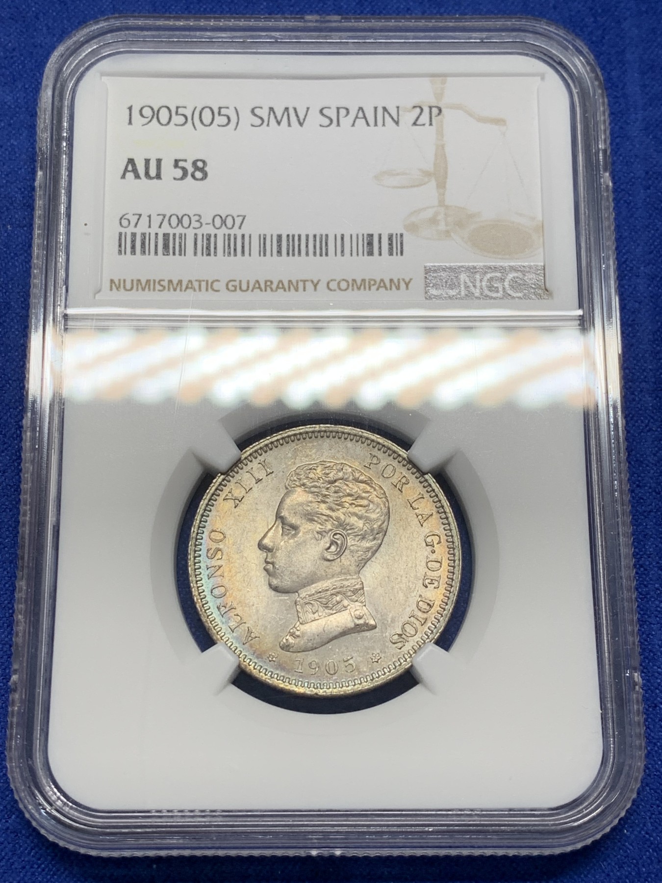 《竞宝斋》第208场-周日，周一 2场 (全场包邮) NGC-AU58 西班牙1905阿方索十三世2比塞塔银币