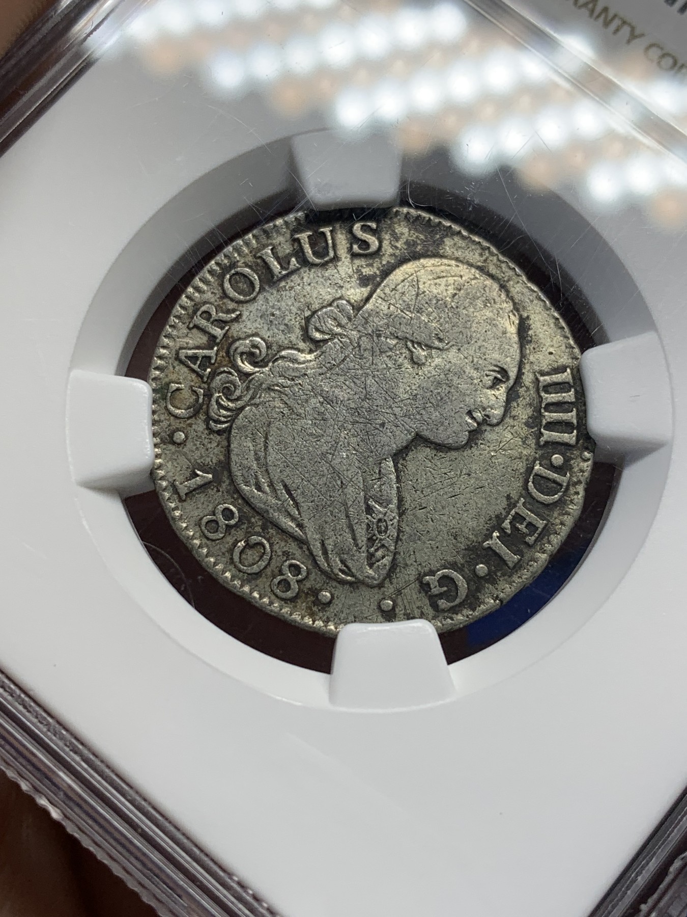 《竞宝斋》第208场-周日，周一 2场 (全场包邮) NGC VF 1808年西班牙本土卡四2R银币，磨损均匀，盾徽清晰，较少见