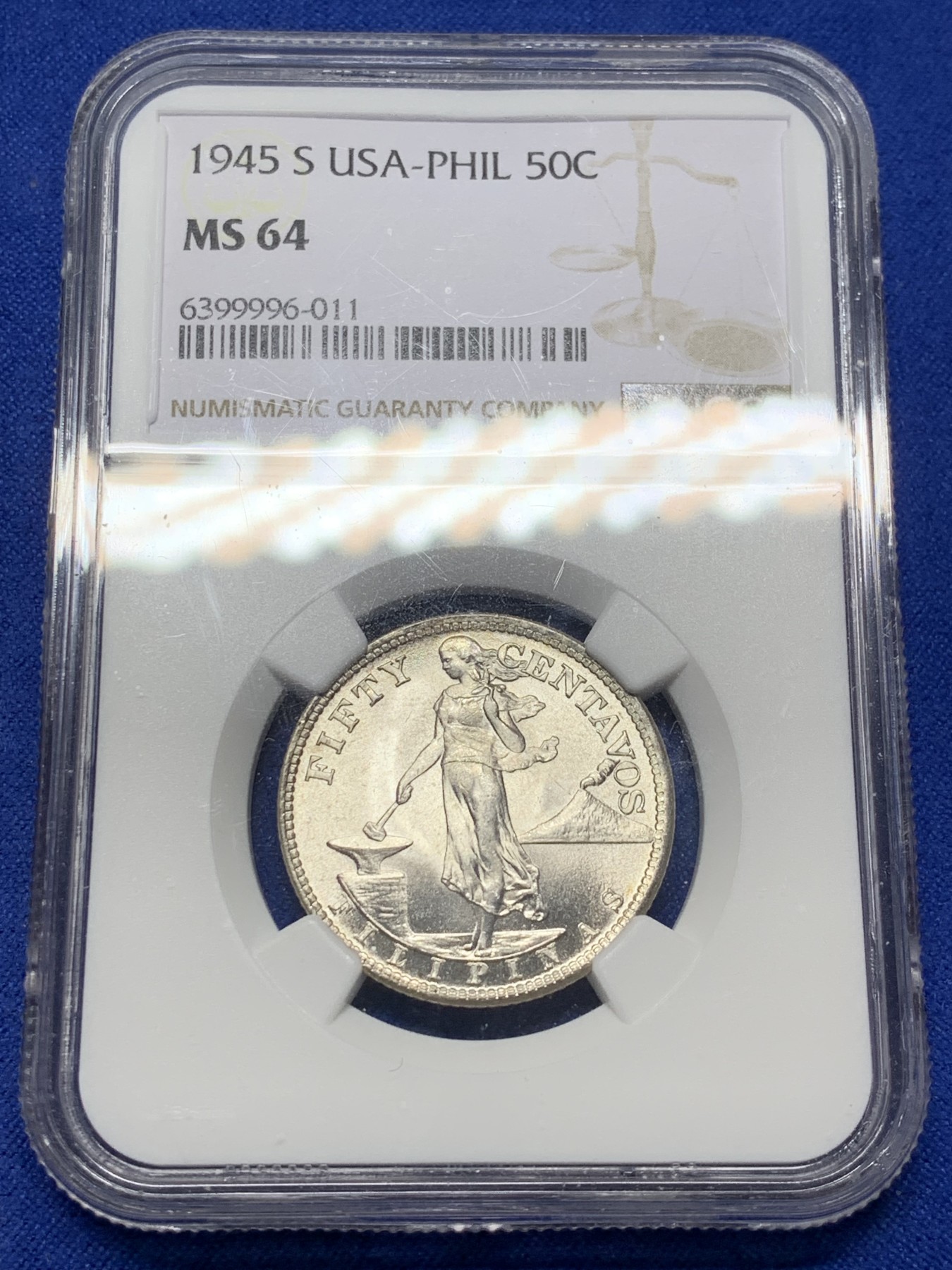 《竞宝斋》第208场-周日，周一 2场 (全场包邮) NGC MS64 美属菲律宾1945打铁女神50分银币 转光强烈