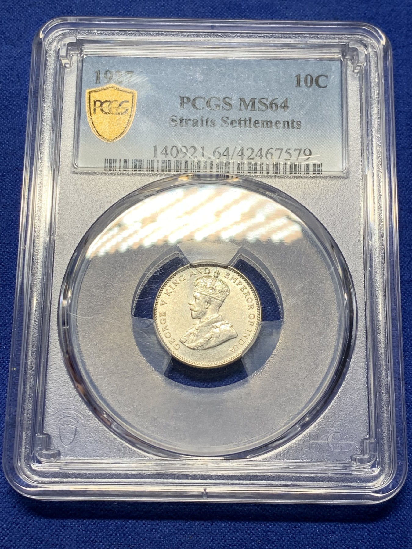 《竞宝斋》第208场-周日，周一 2场 (全场包邮) PCGS-MS64 英属海峡殖民地 1927年 10分银币 乔治五世 原光好品