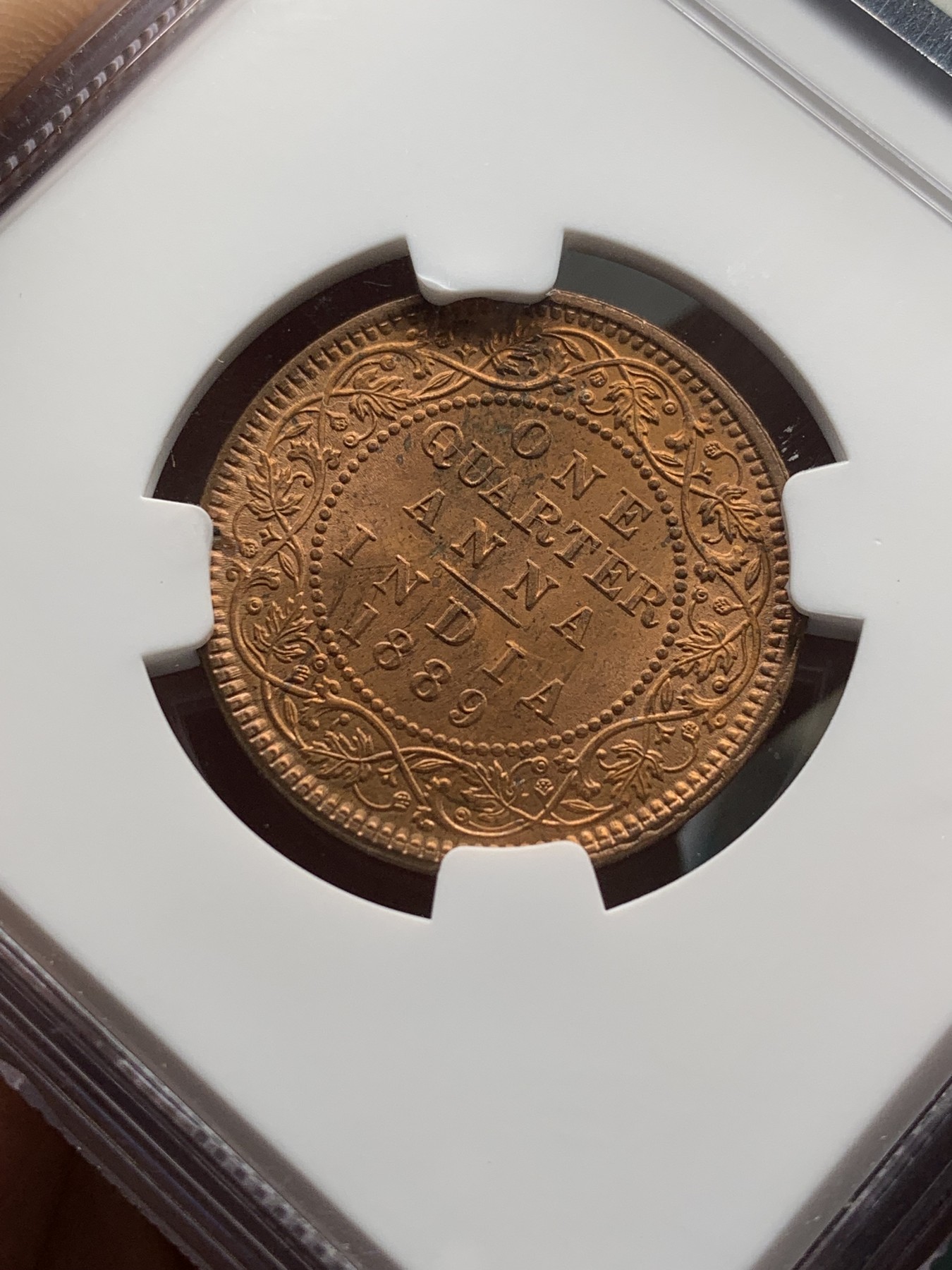 《竞宝斋》第208场-周日，周一 2场 (全场包邮) NGC MS65RB 英属印度1889年维多利亚1/4安娜铜币