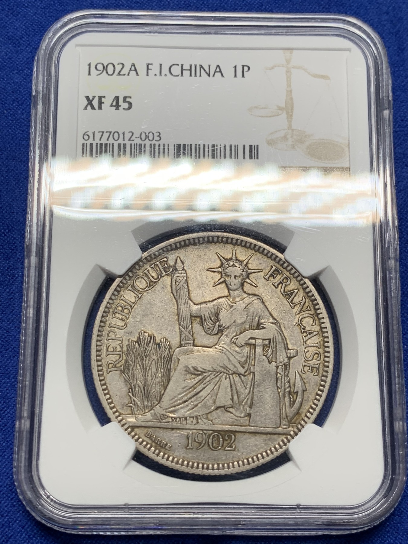 《竞宝斋》第208场-周日，周一 2场 (全场包邮) NGC-XF45 法属坐洋1皮亚斯特银币 1902A 原味 状态好