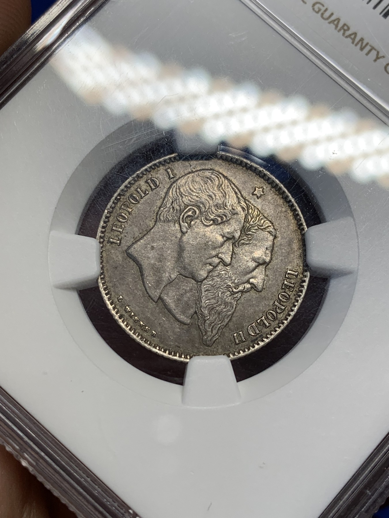 《竞宝斋》第208场-周日，周一 2场 (全场包邮) NGC MS62 比利时1880年建国50周年纪念1法郎银币，数量较少