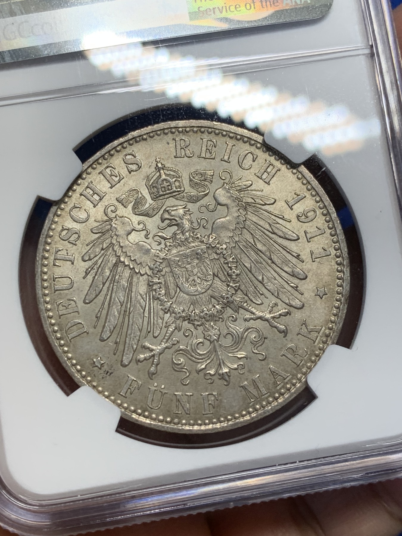 《竞宝斋》第208场-周日，周一 2场 (全场包邮) NGC-MS62 德国 巴伐利亚 1911年 摄政王利奥波德 90大寿纪念 5马克银币 状态好