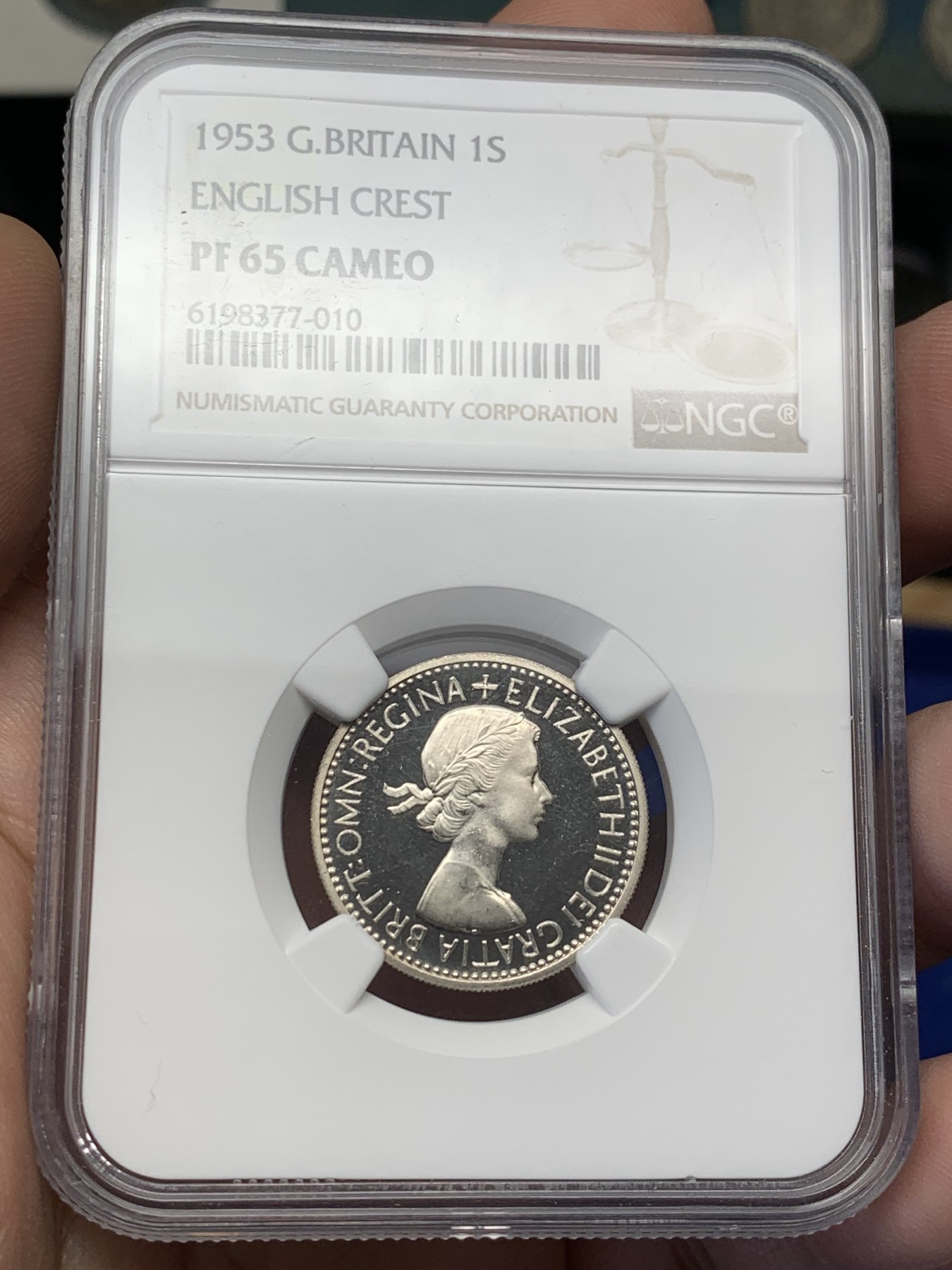 《竞宝斋》第208场-周日，周一 2场 (全场包邮) NGC-PF65 英国 1953年 1先令（English Crest) 伊丽莎白二世 镜面强烈 高凝霜