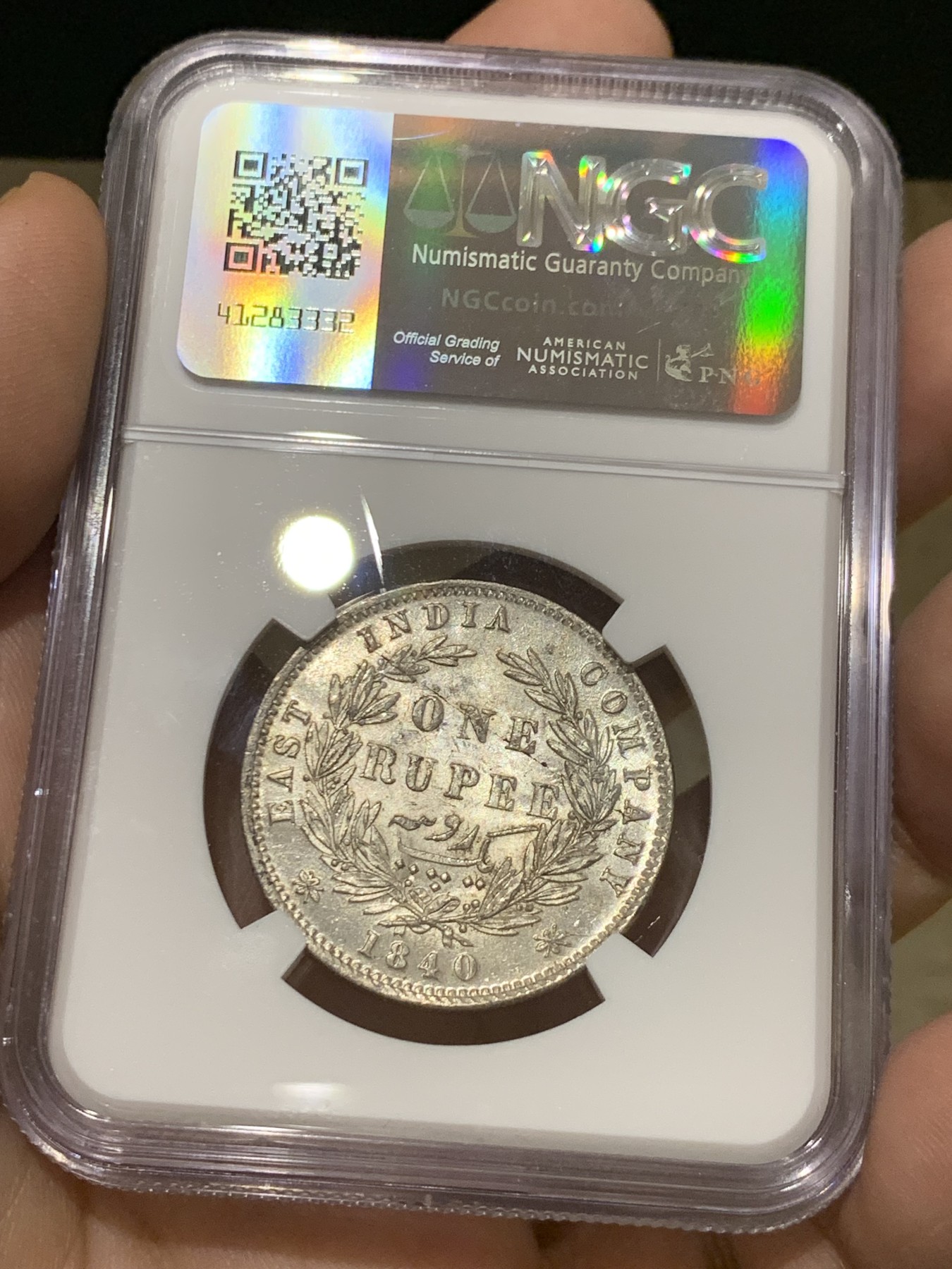 《竞宝斋》第208场-周日，周一 2场 (全场包邮) NGC-MS62 英属东印度公司1840年维多利亚双辫1卢比银币 MS品稀少