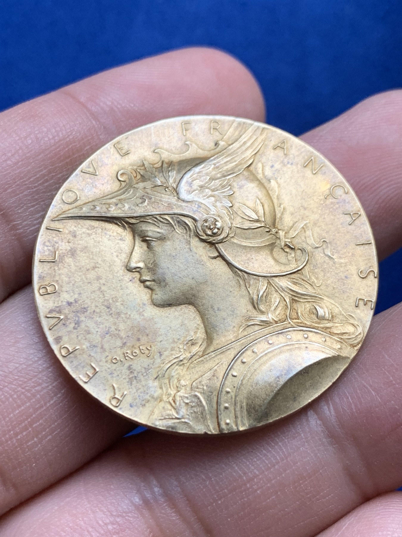 《竞宝斋》第208场-周日，周一 2场 (全场包邮) 法国大师罗蒂作品 戎装玛丽安娜原盒镀金银章，丰饶角边铭，36mm，20g